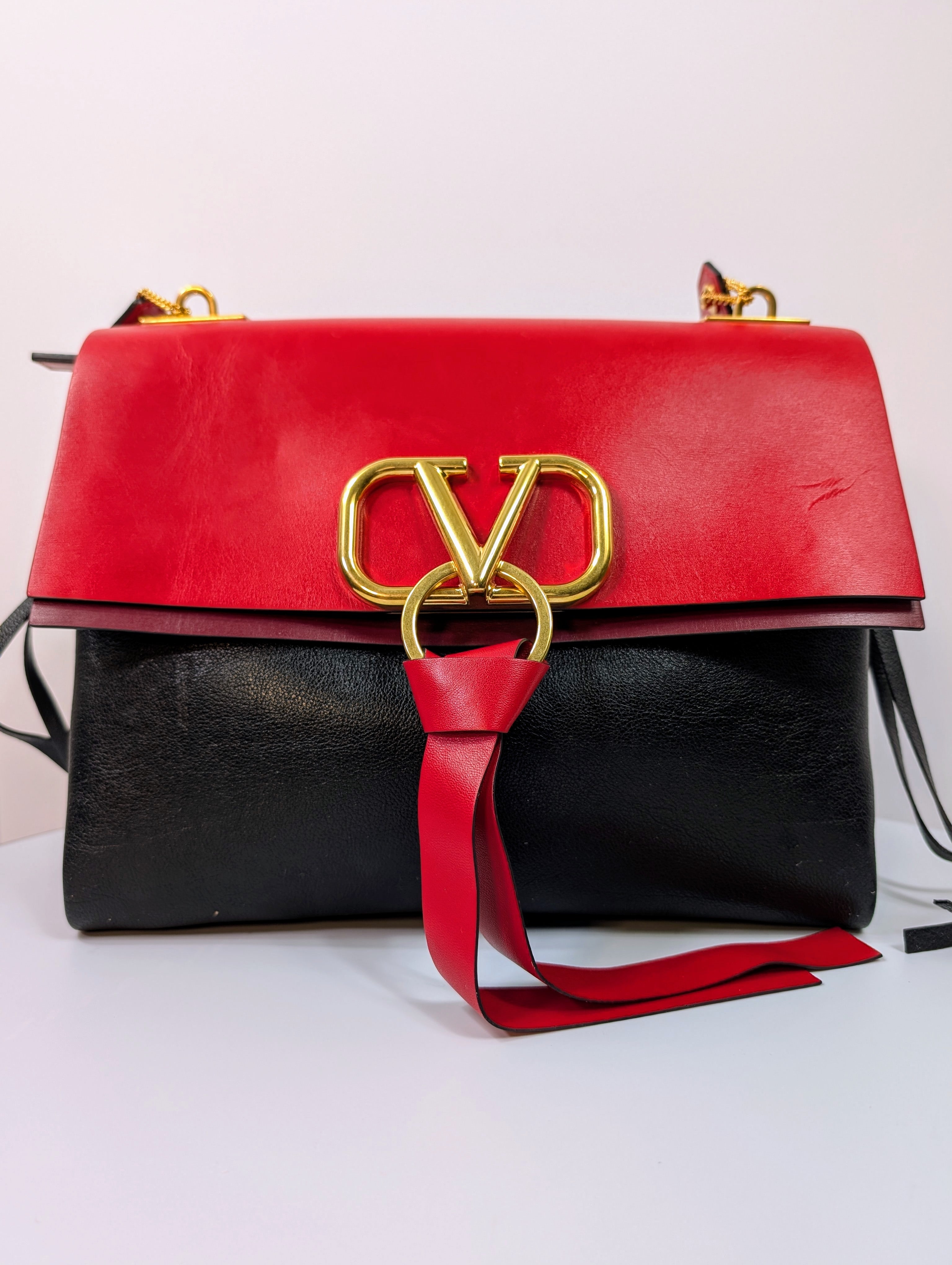 Valentino Garavani V-Ring Double-Flap Red, Black and Burgundy Leather Bag