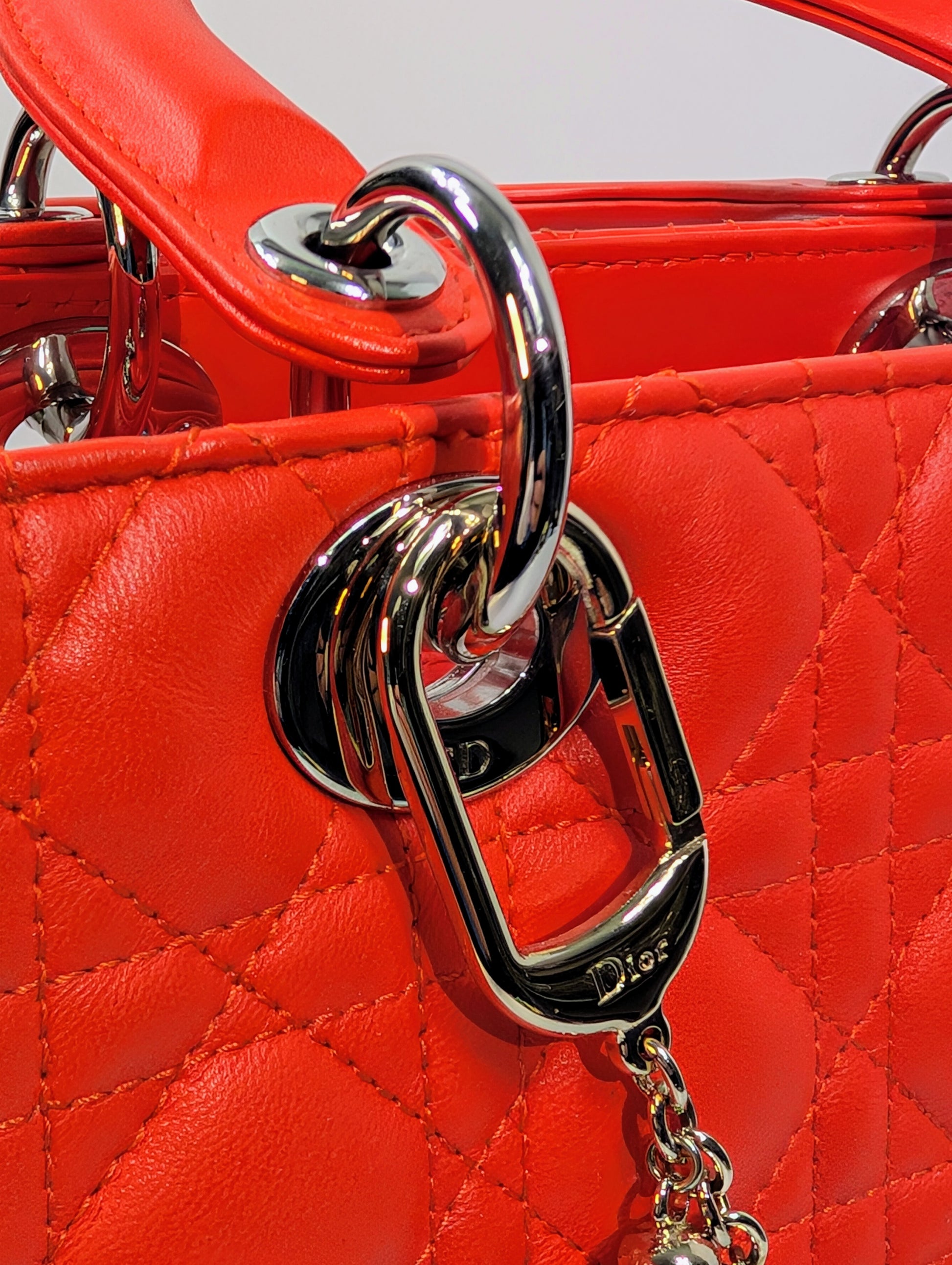 Dior Lady Dior Bright Red-Orange Quilted Lambskin and Charm