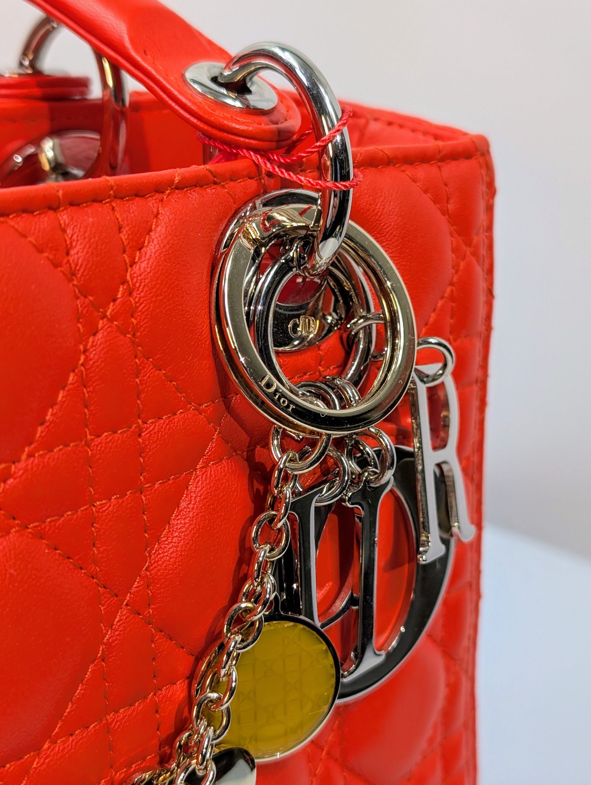 Dior Lady Dior Bright Red-Orange Quilted Lambskin and Charm