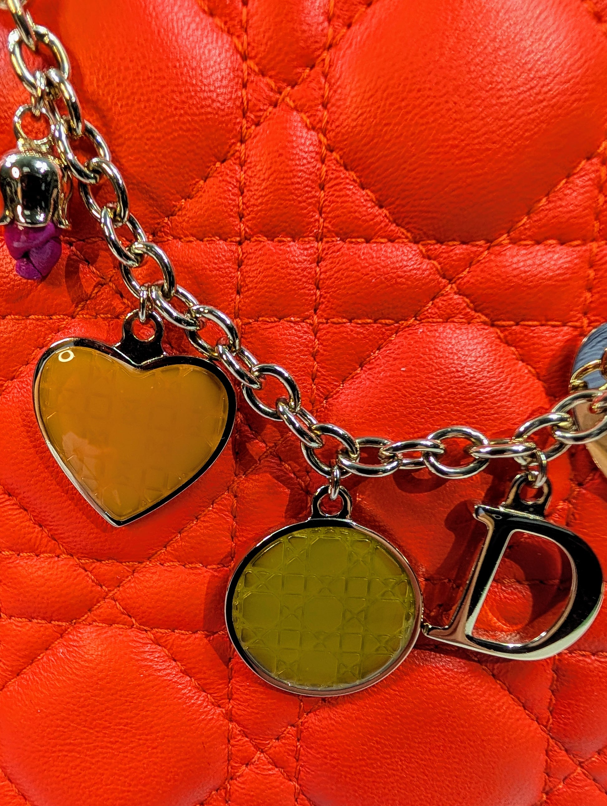 Dior Lady Dior Bright Red-Orange Quilted Lambskin and Charm