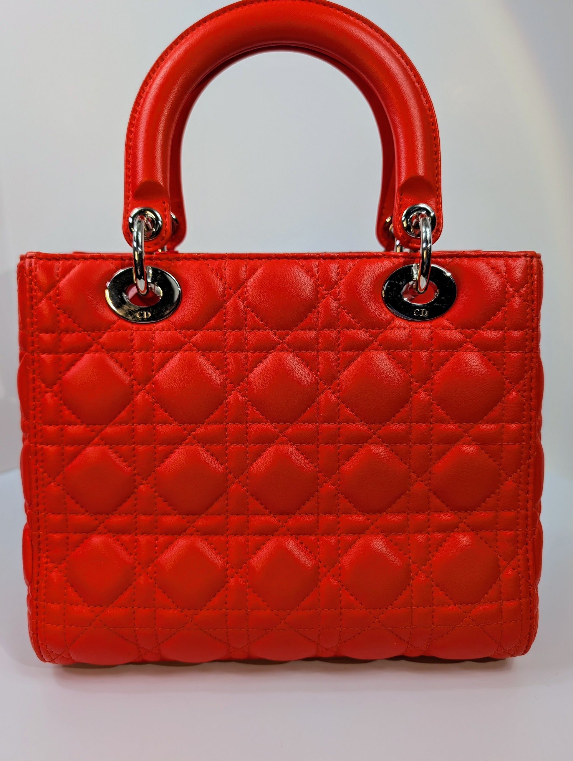 Dior Lady Dior Bright Red-Orange Quilted Lambskin and Charm
