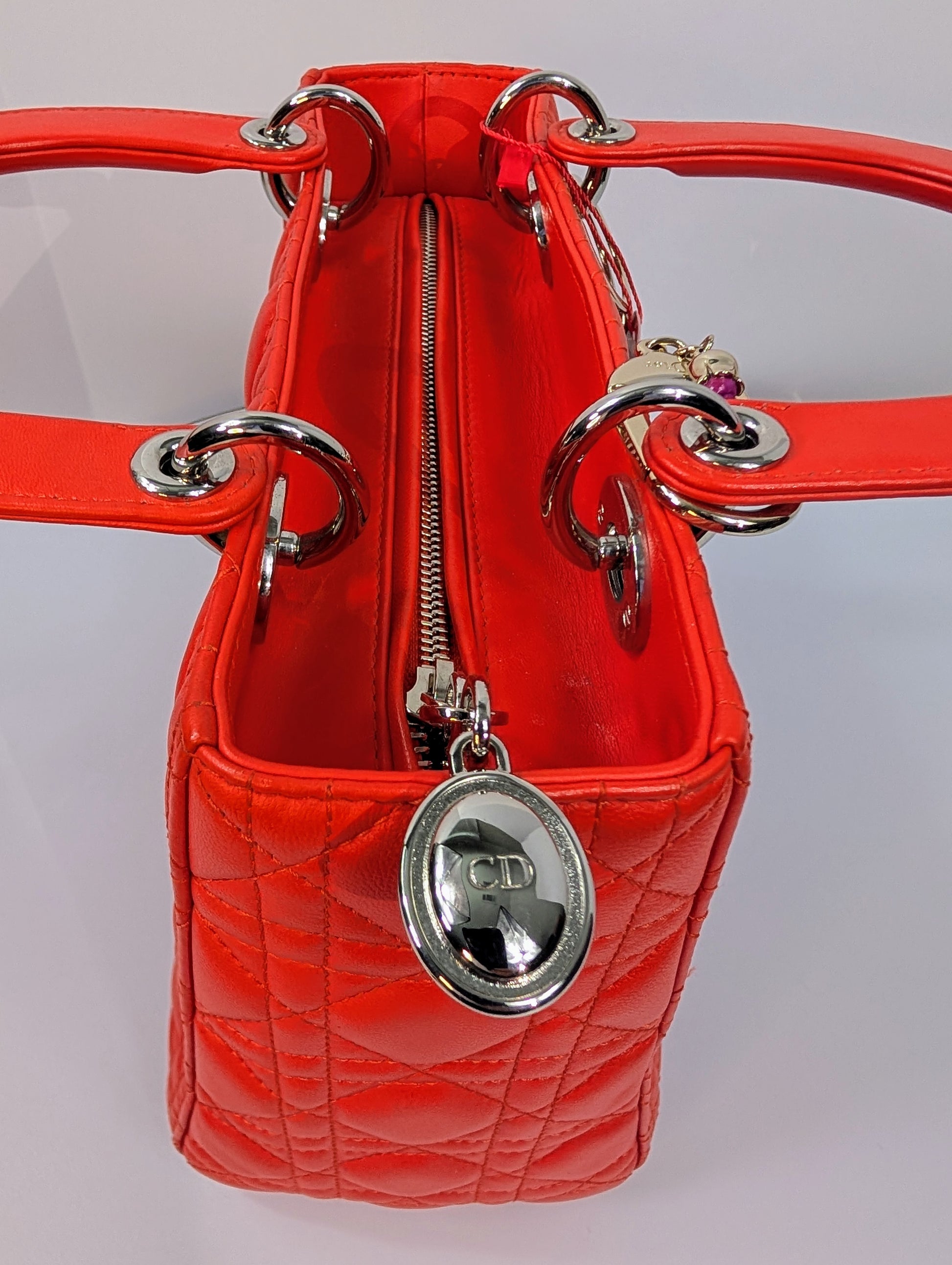 Dior Lady Dior Bright Red-Orange Quilted Lambskin and Charm