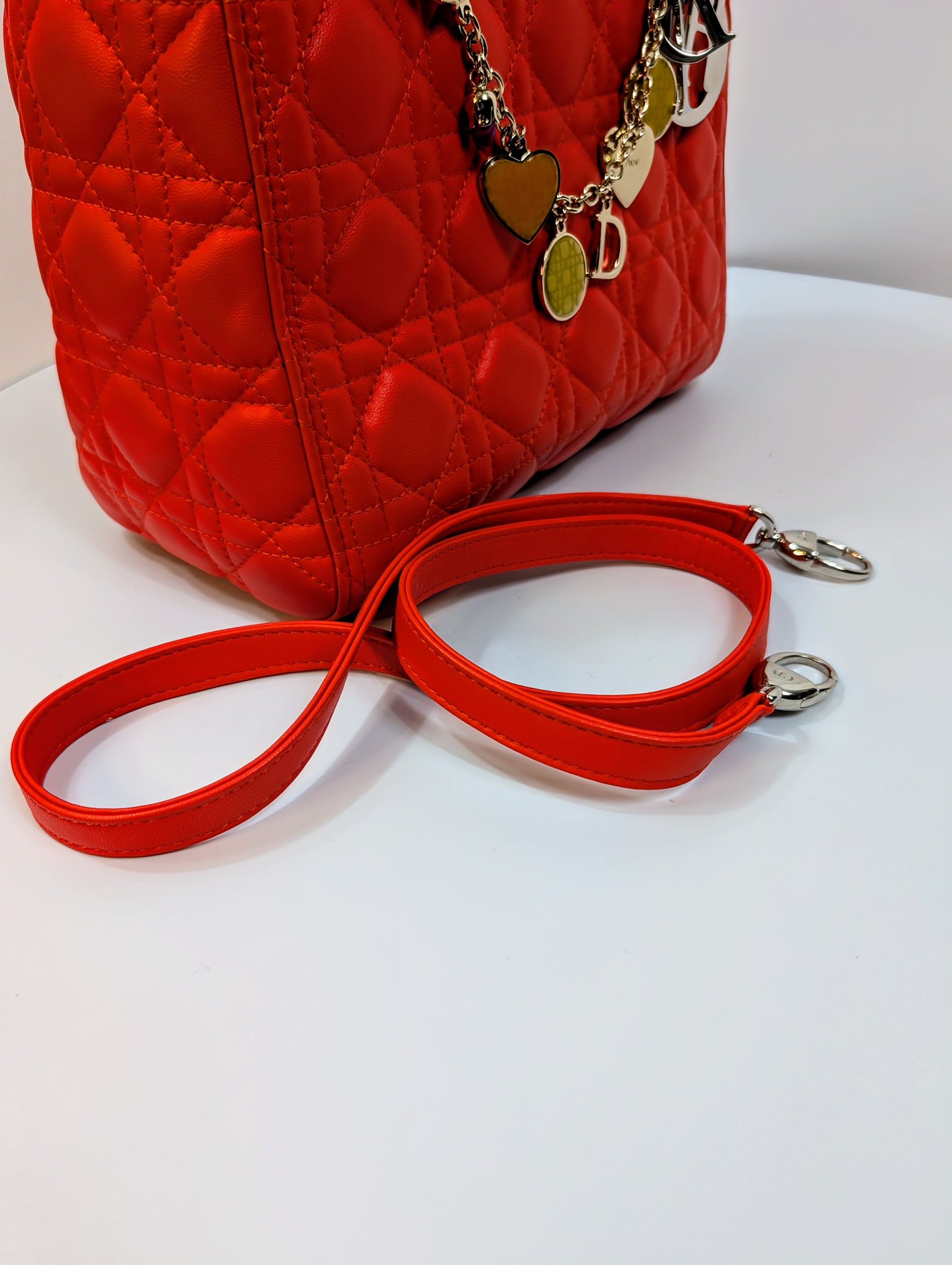 Dior Lady Dior Bright Red-Orange Quilted Lambskin and Charm