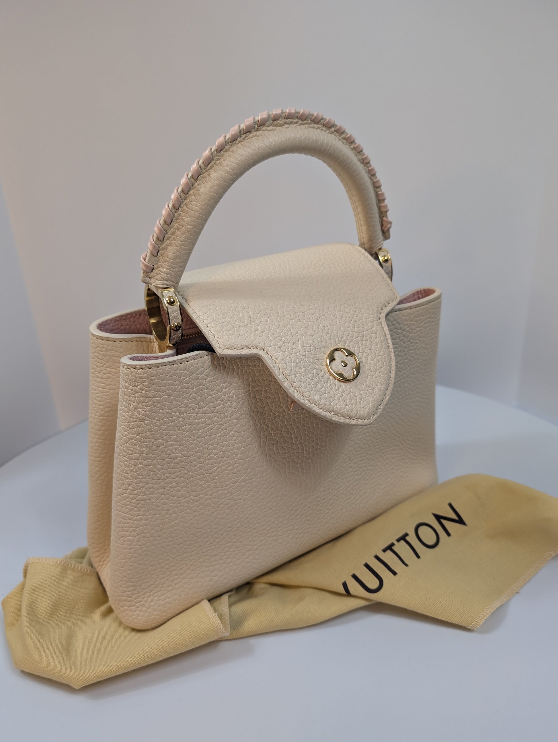 Louis Vuitton Rare Pink and Cream Capucines BB in Grained Taurillon Leather