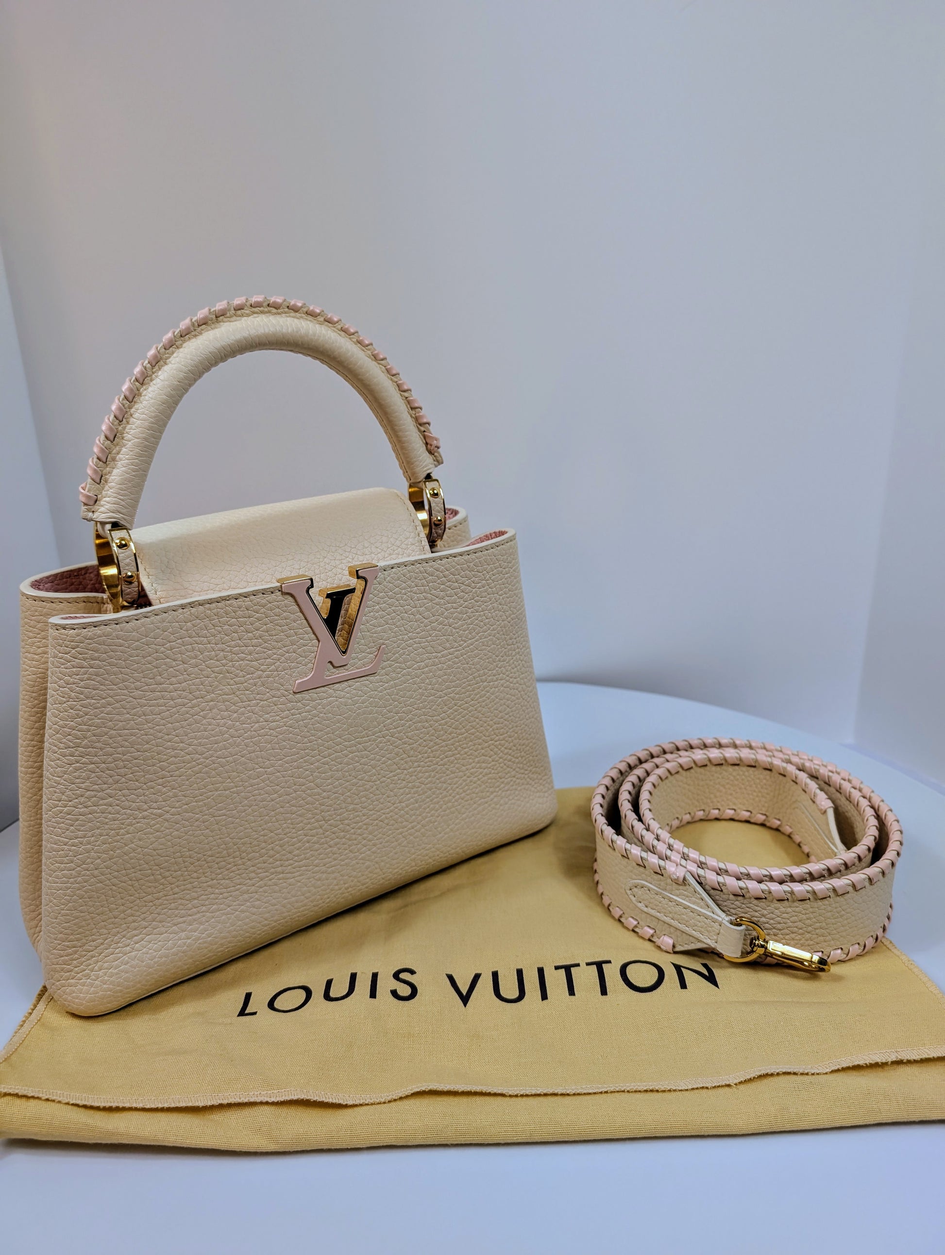 Louis Vuitton Rare Pink and Cream Capucines BB in Grained Taurillon Leather