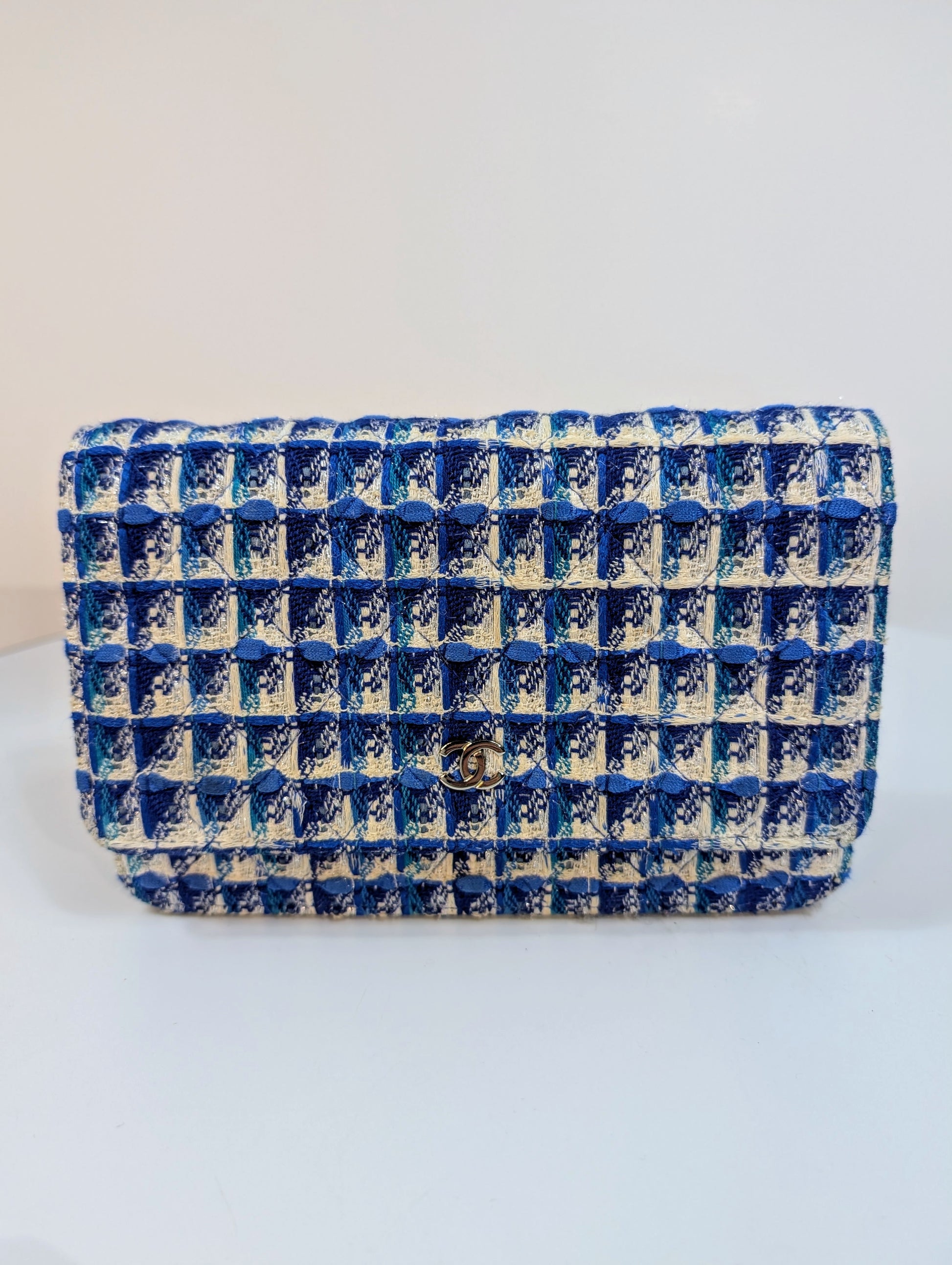 Chanel Blue and White Tweed Wallet on Chain (WOC) with "Lifebuoy" Charm