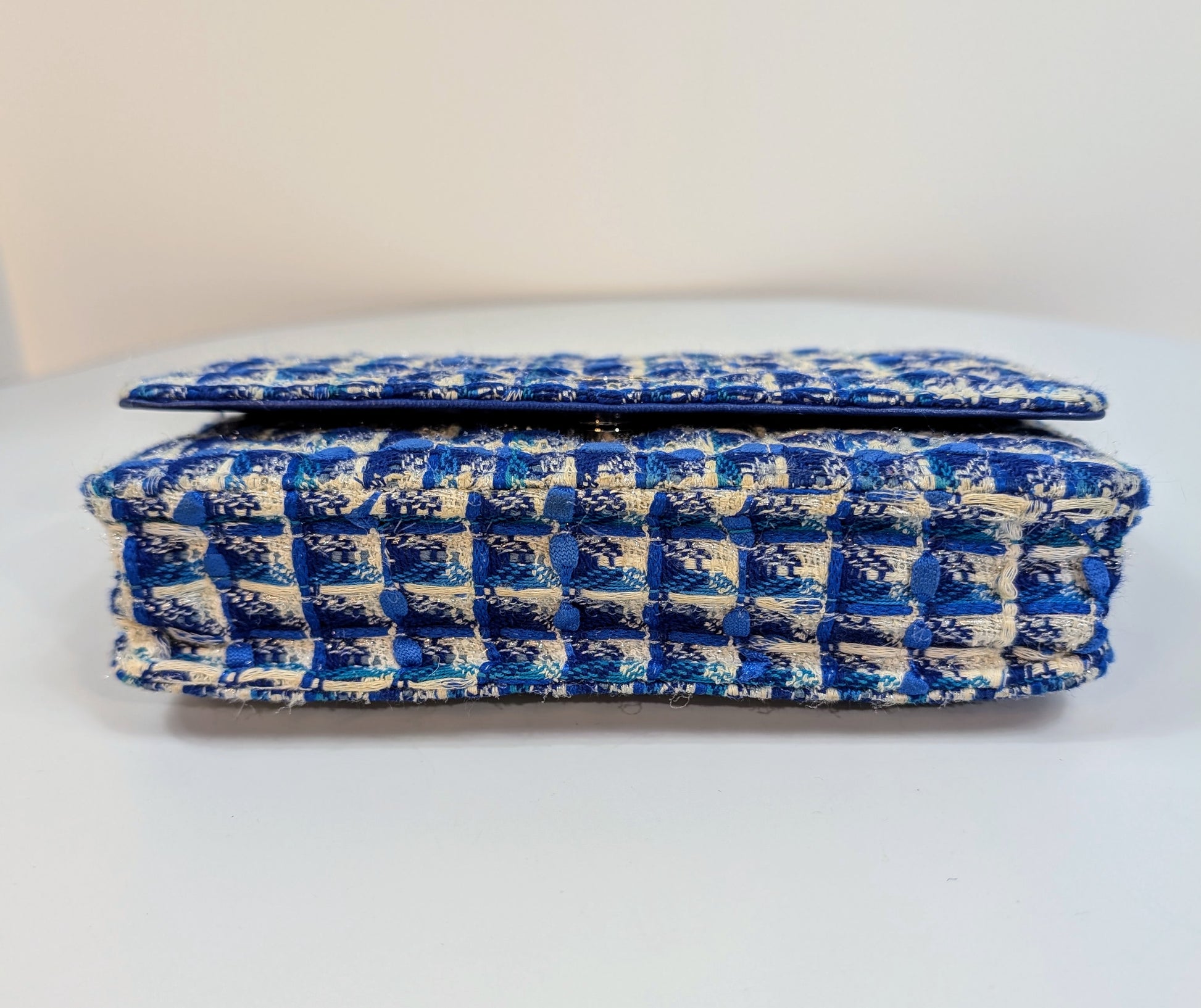 Chanel Blue and White Tweed Wallet on Chain (WOC) with "Lifebuoy" Charm