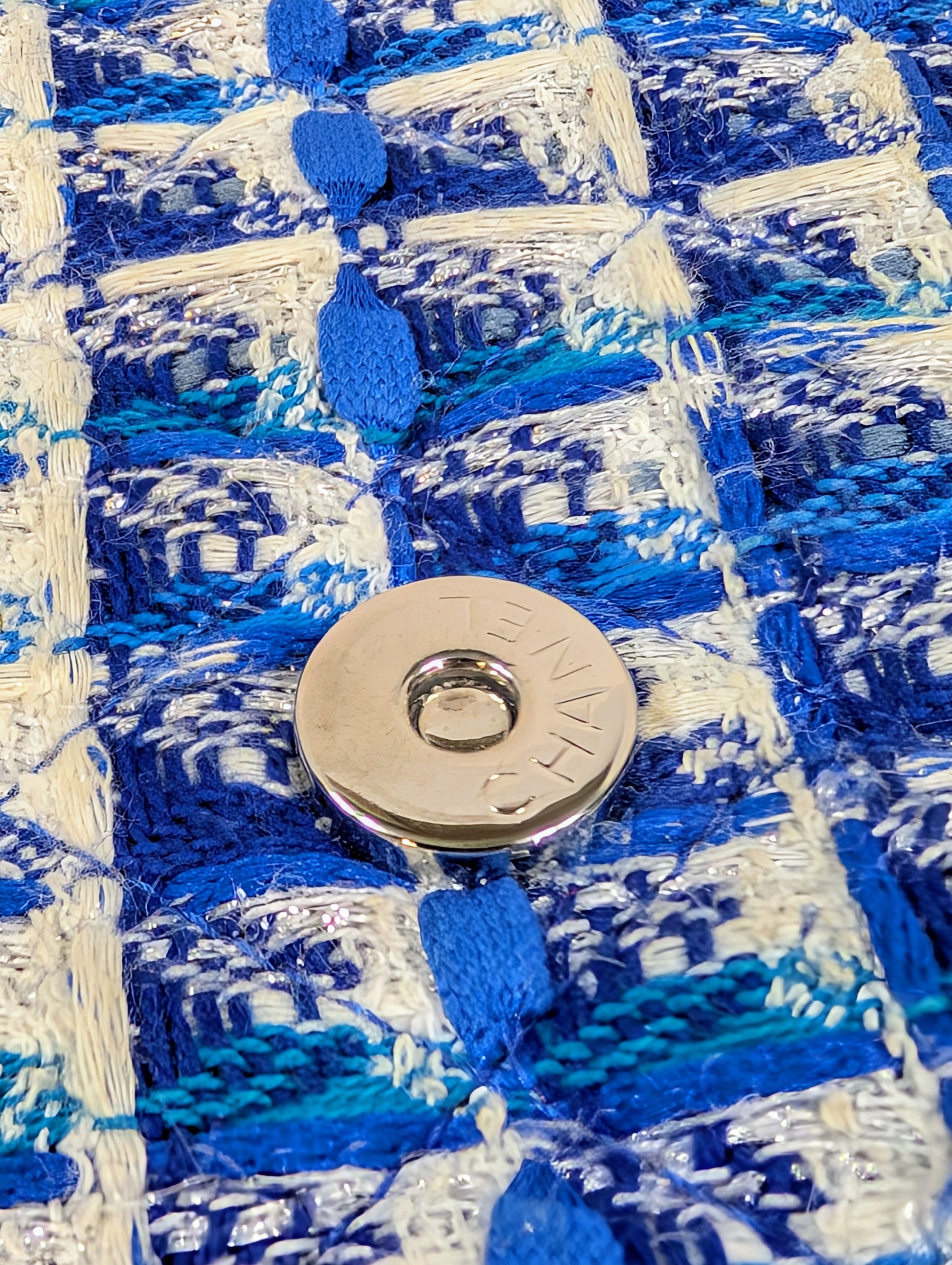 Chanel Blue and White Tweed Wallet on Chain (WOC) with "Lifebuoy" Charm