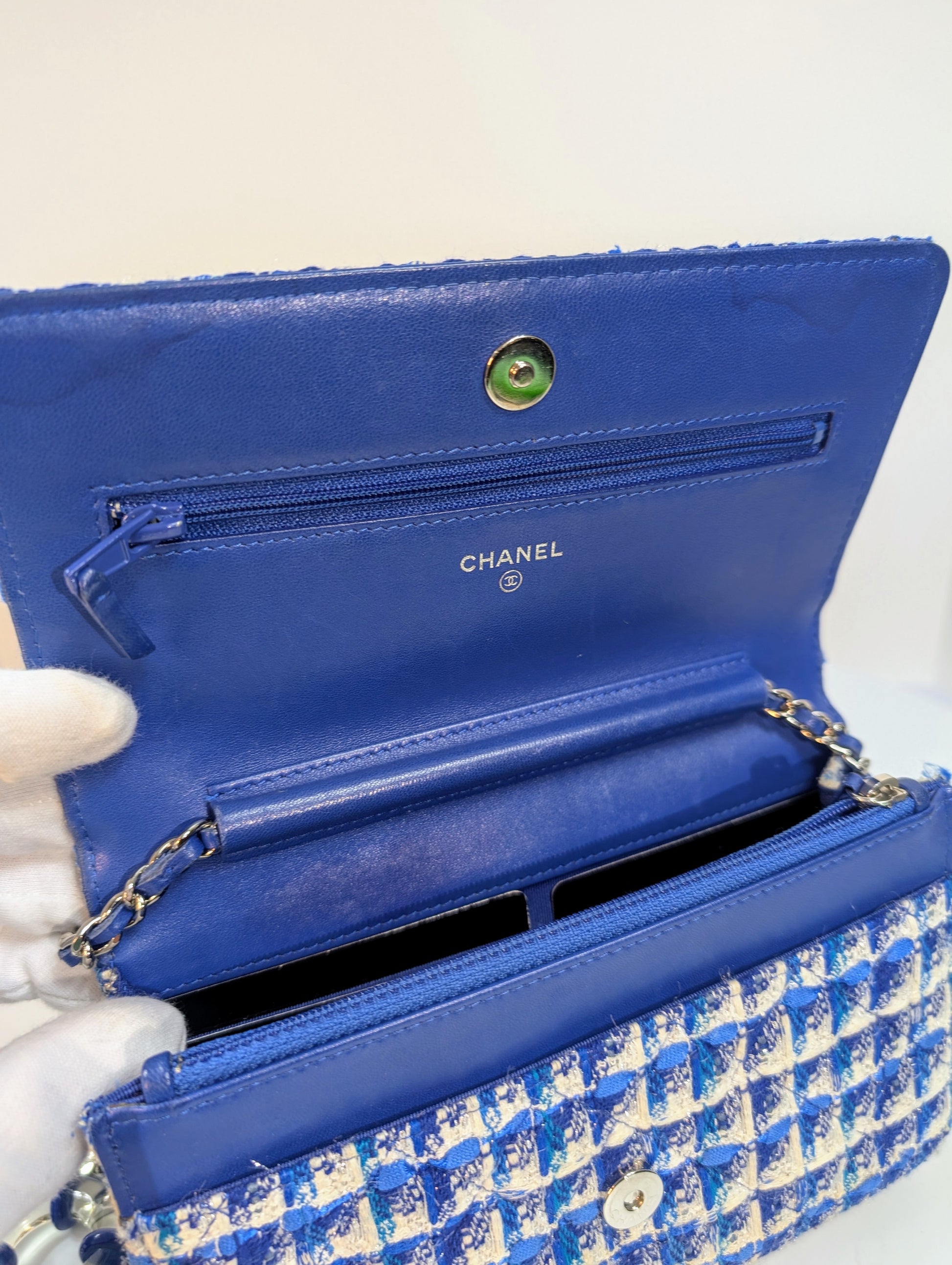 Chanel Blue and White Tweed Wallet on Chain (WOC) with "Lifebuoy" Charm