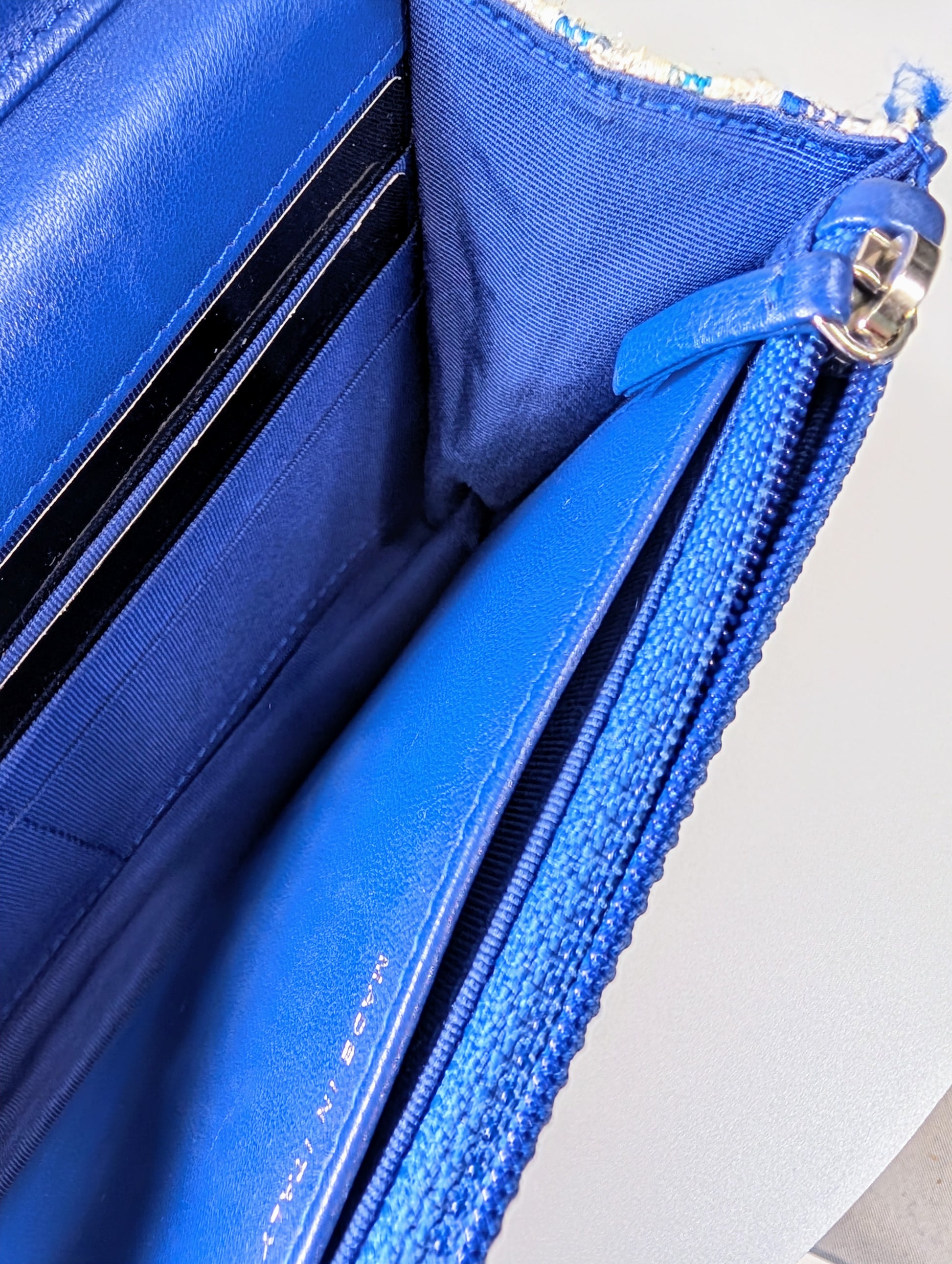 Chanel Blue and White Tweed Wallet on Chain (WOC) with "Lifebuoy" Charm