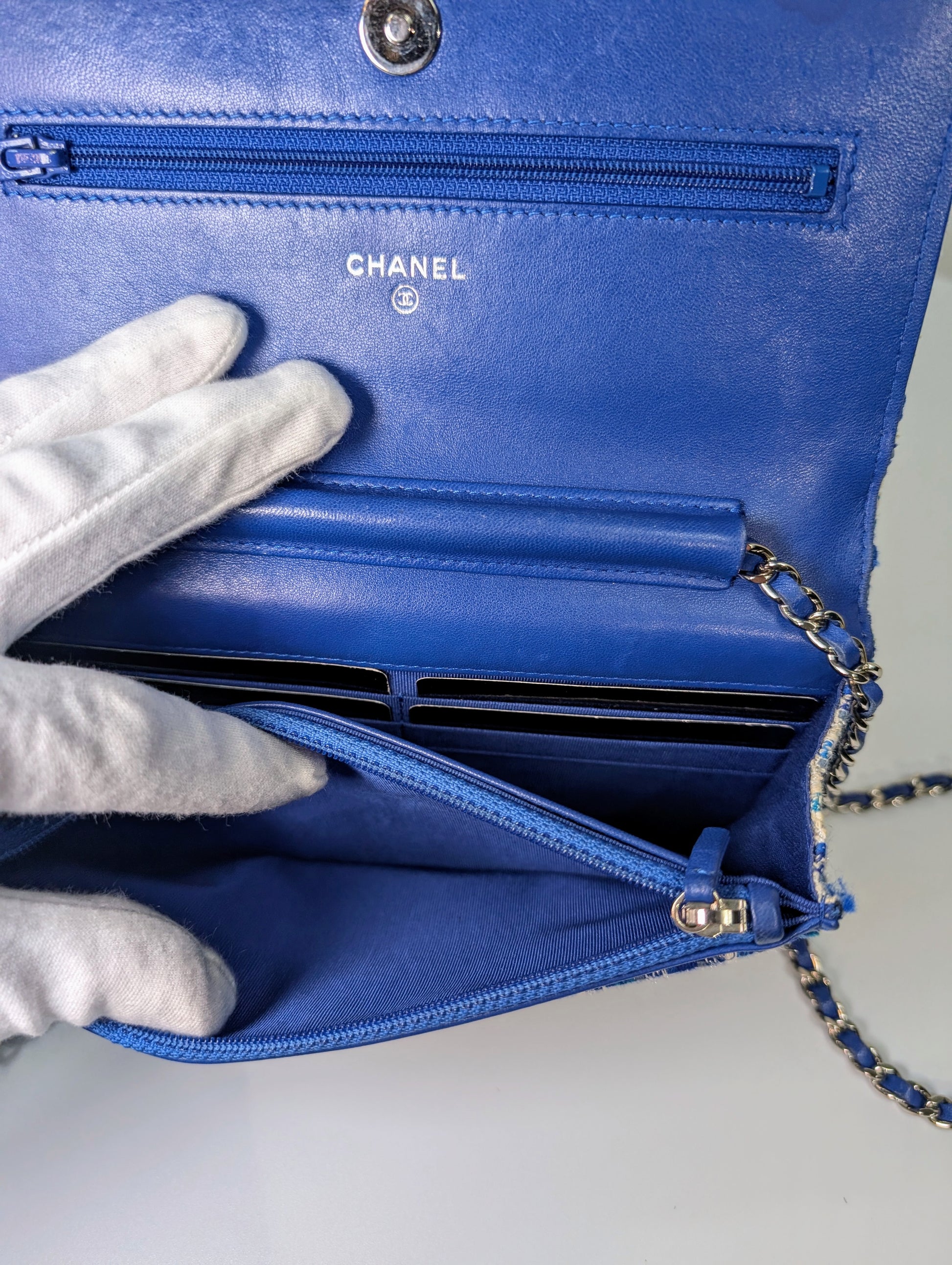 Chanel Blue and White Tweed Wallet on Chain (WOC) with "Lifebuoy" Charm