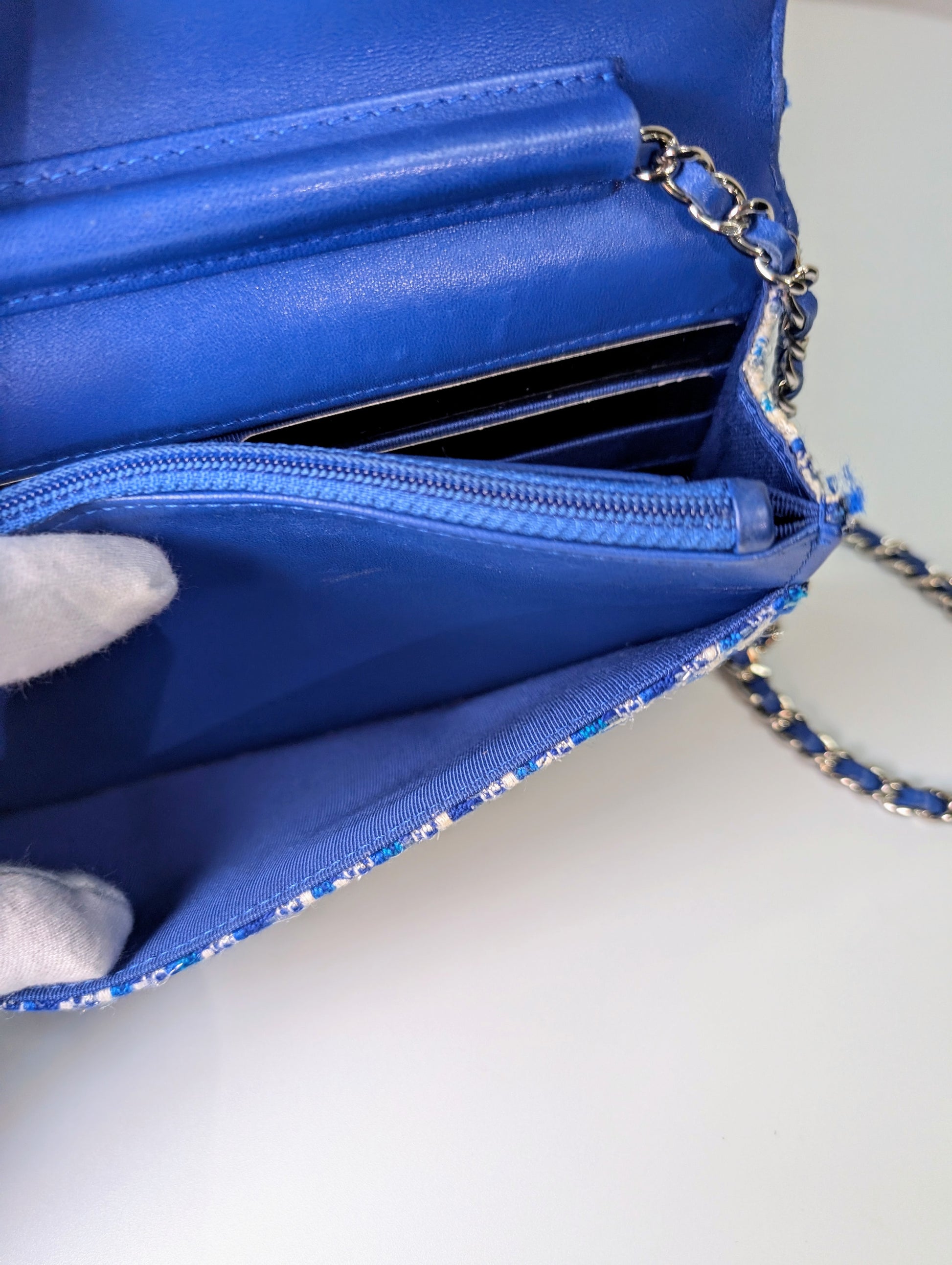 Chanel Blue and White Tweed Wallet on Chain (WOC) with "Lifebuoy" Charm