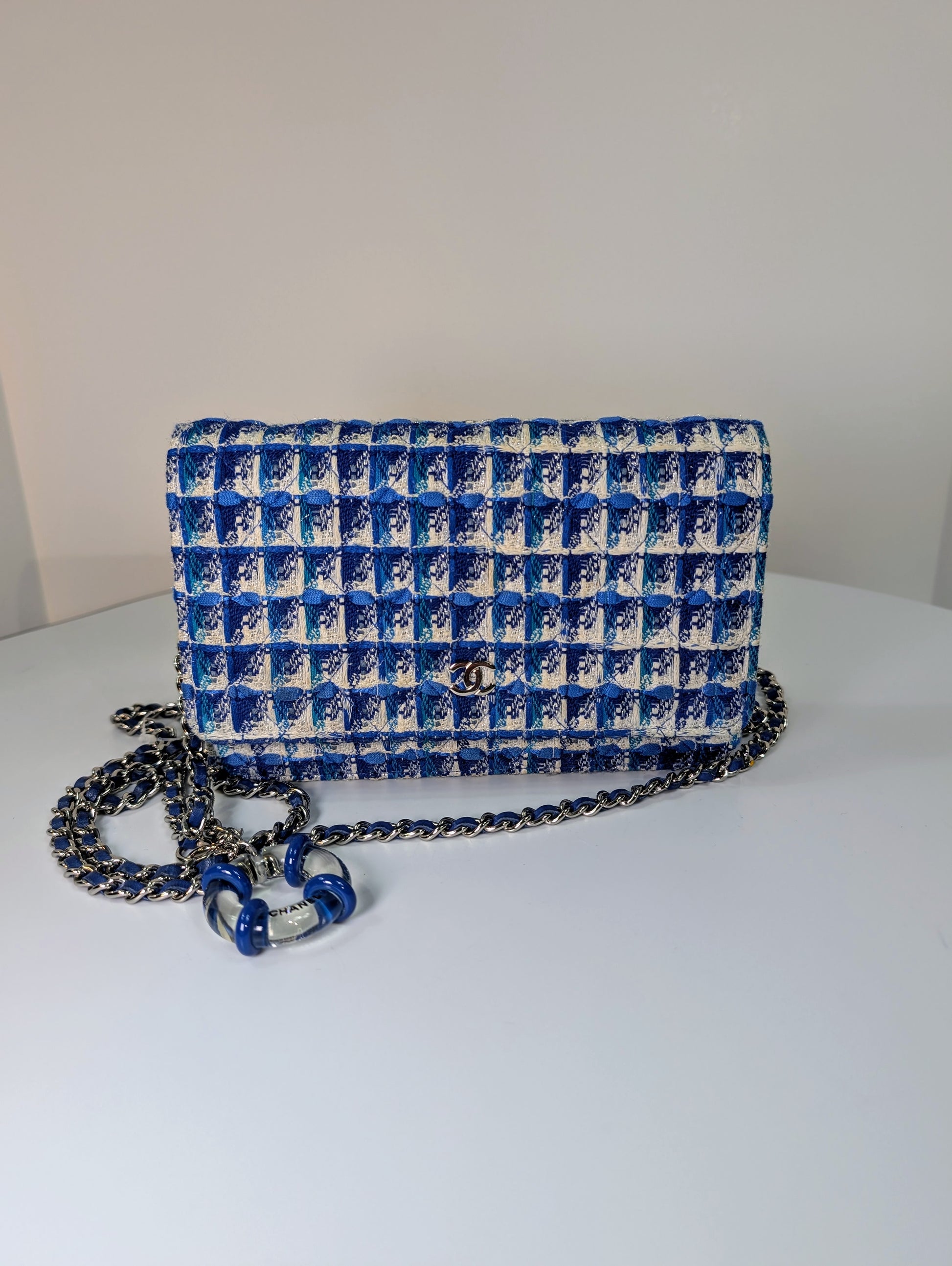 Chanel Blue and White Tweed Wallet on Chain (WOC) with "Lifebuoy" Charm
