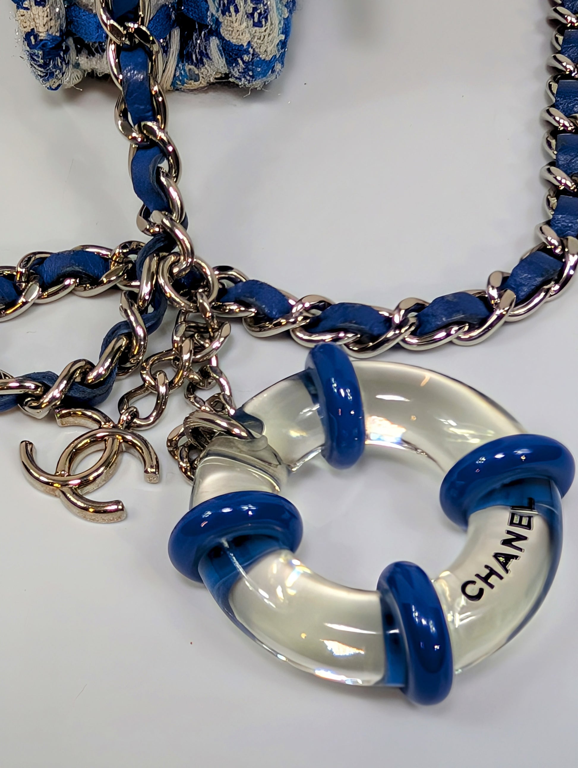 Chanel Blue and White Tweed Wallet on Chain (WOC) with "Lifebuoy" Charm