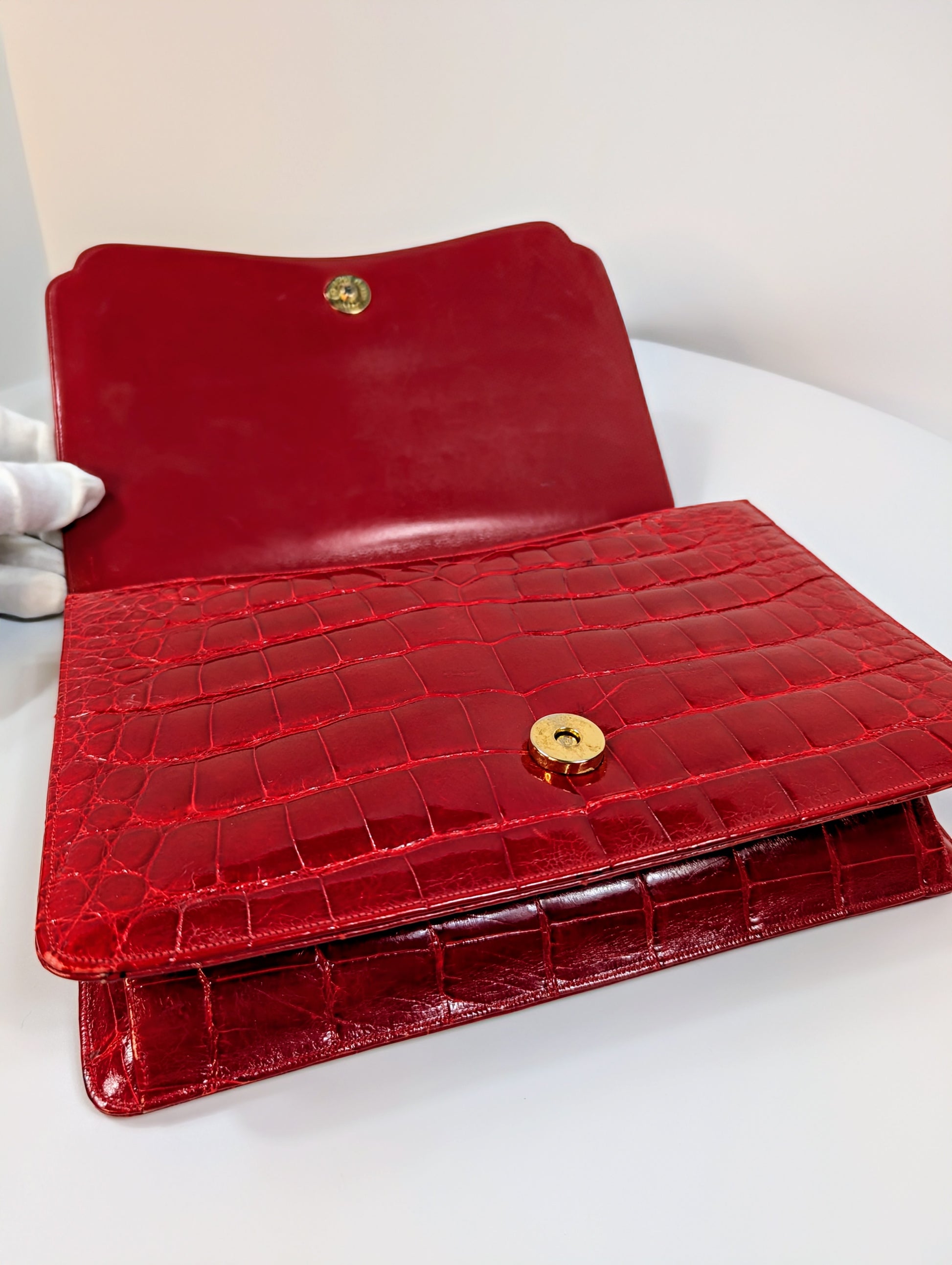 Judith Leiber Vintage Exotic Skin Clutch with Chain in Red Alligator