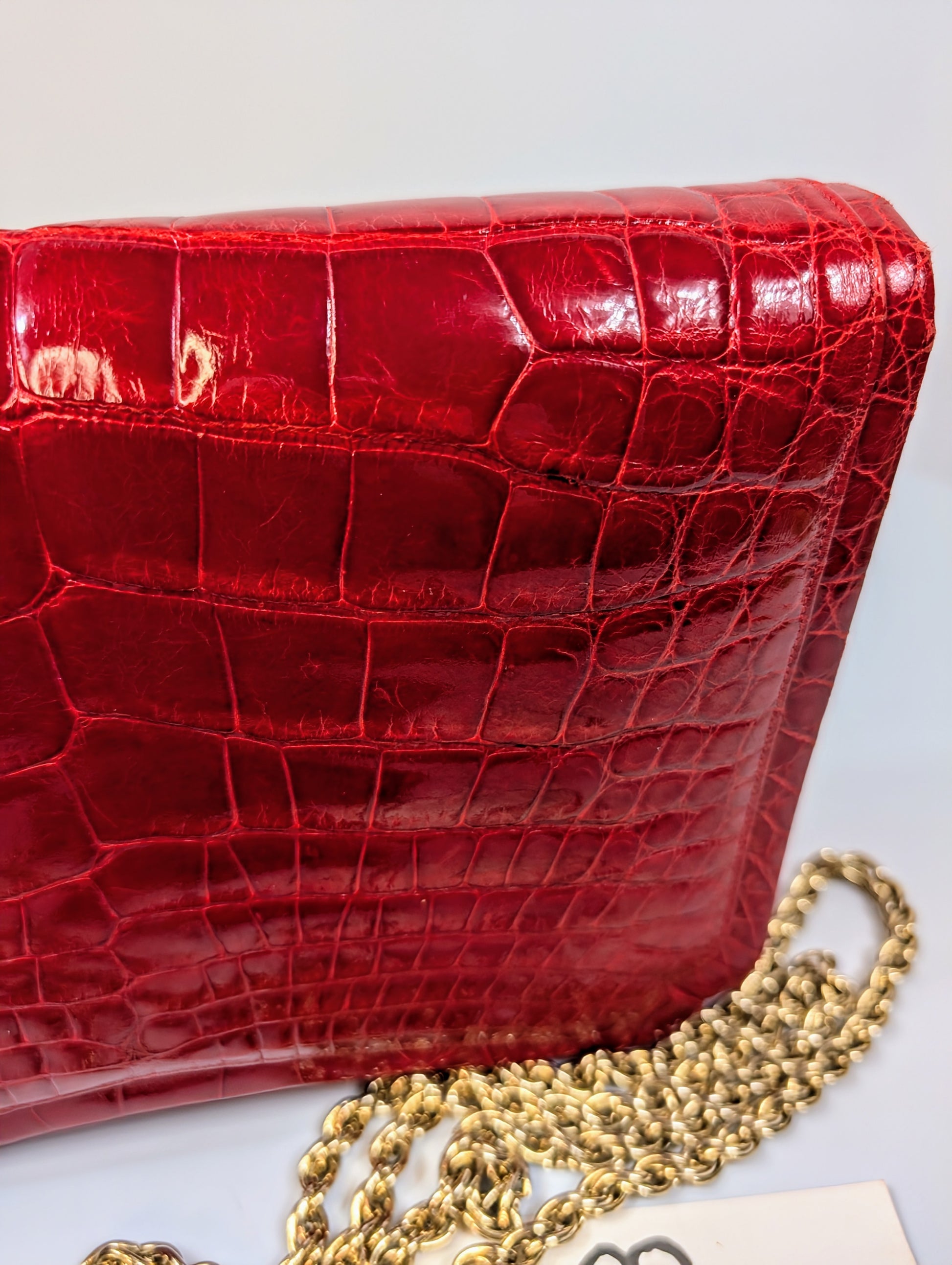 Judith Leiber Vintage Exotic Skin Clutch with Chain in Red Alligator