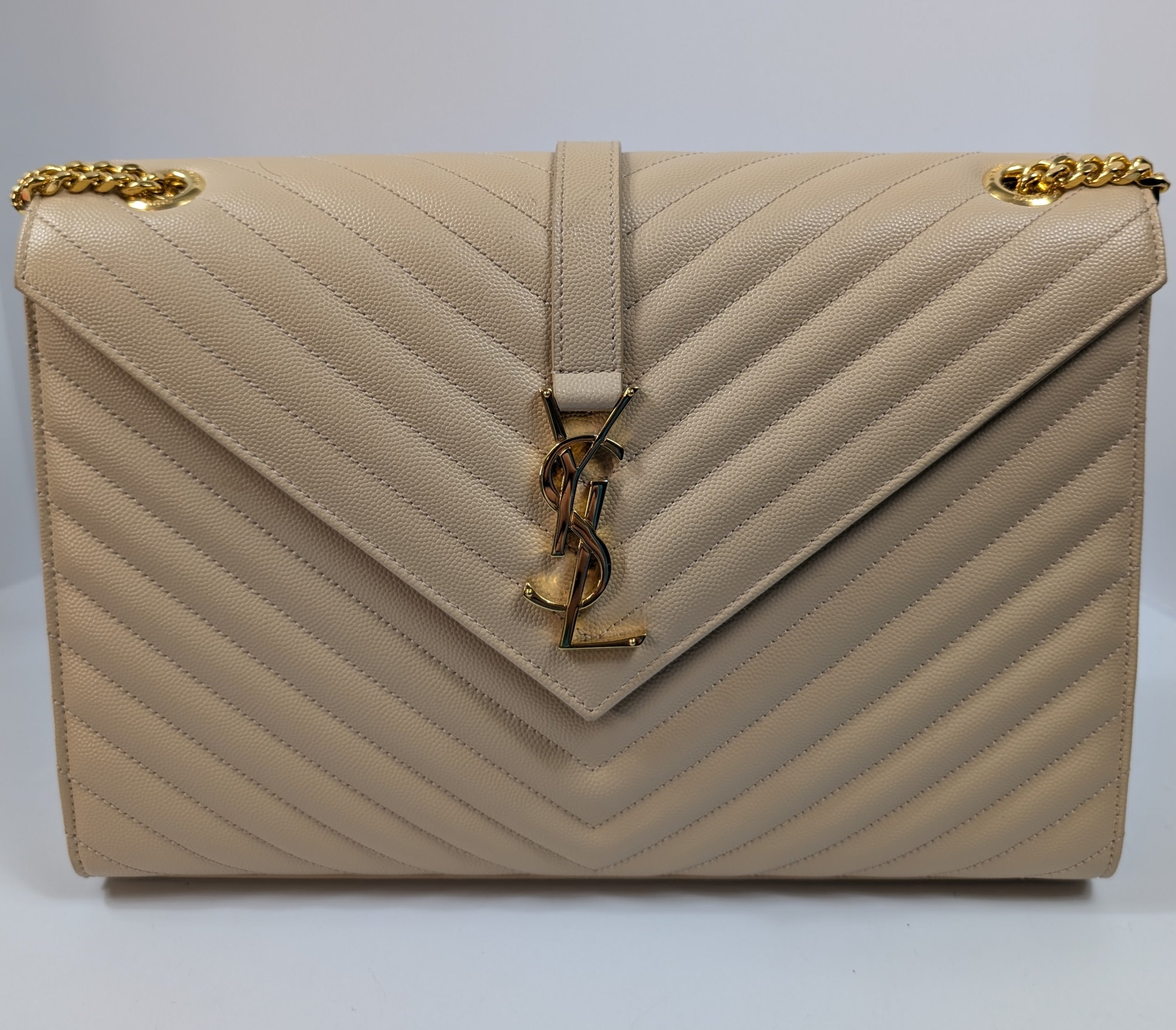 YSL Saint Laurent Beige Embossed Leather Monogram Matelassé Chain