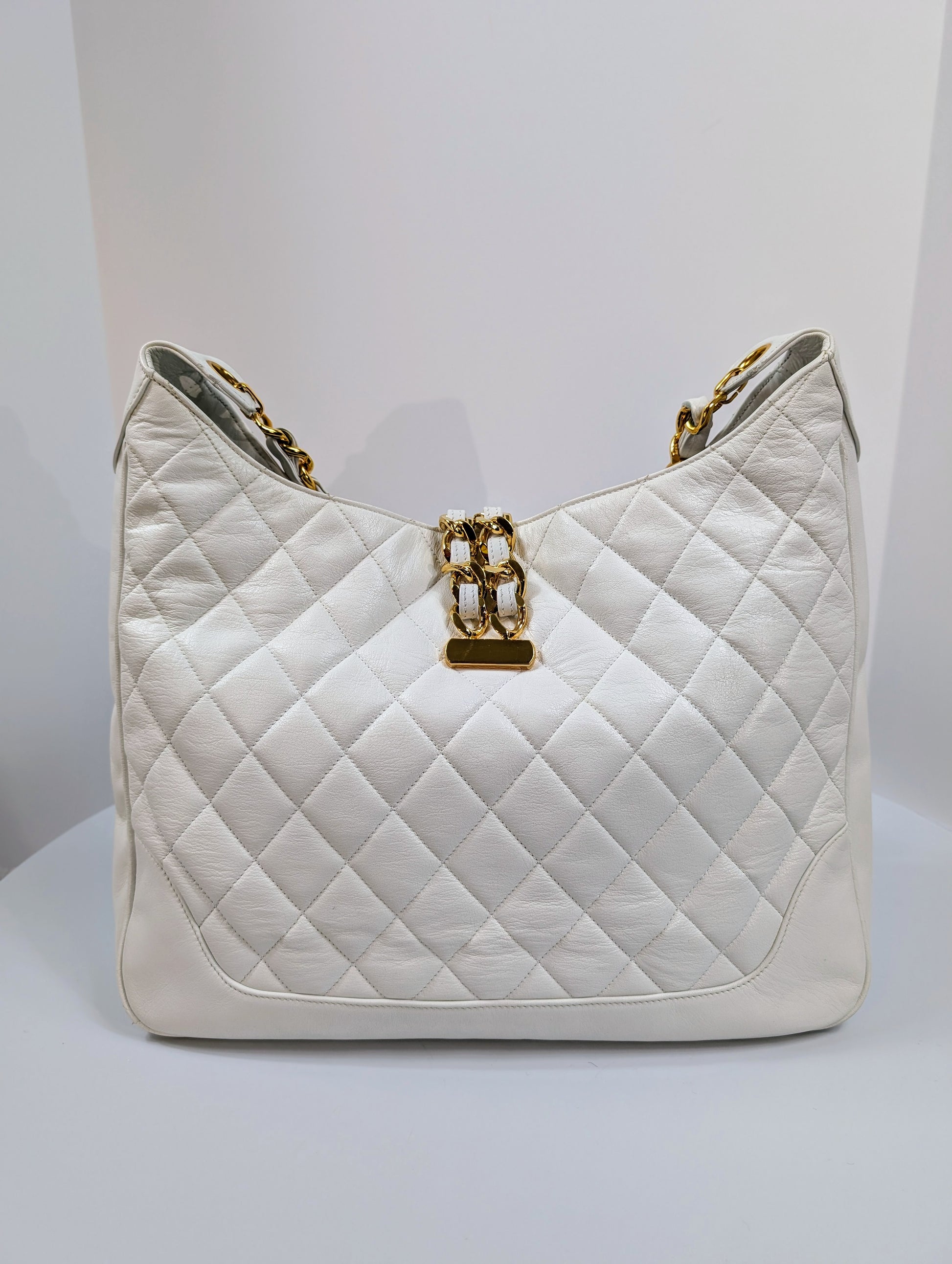 Chanel Rare Vintage White Quilted Lambskin Large Hobo Tote 24k GHW