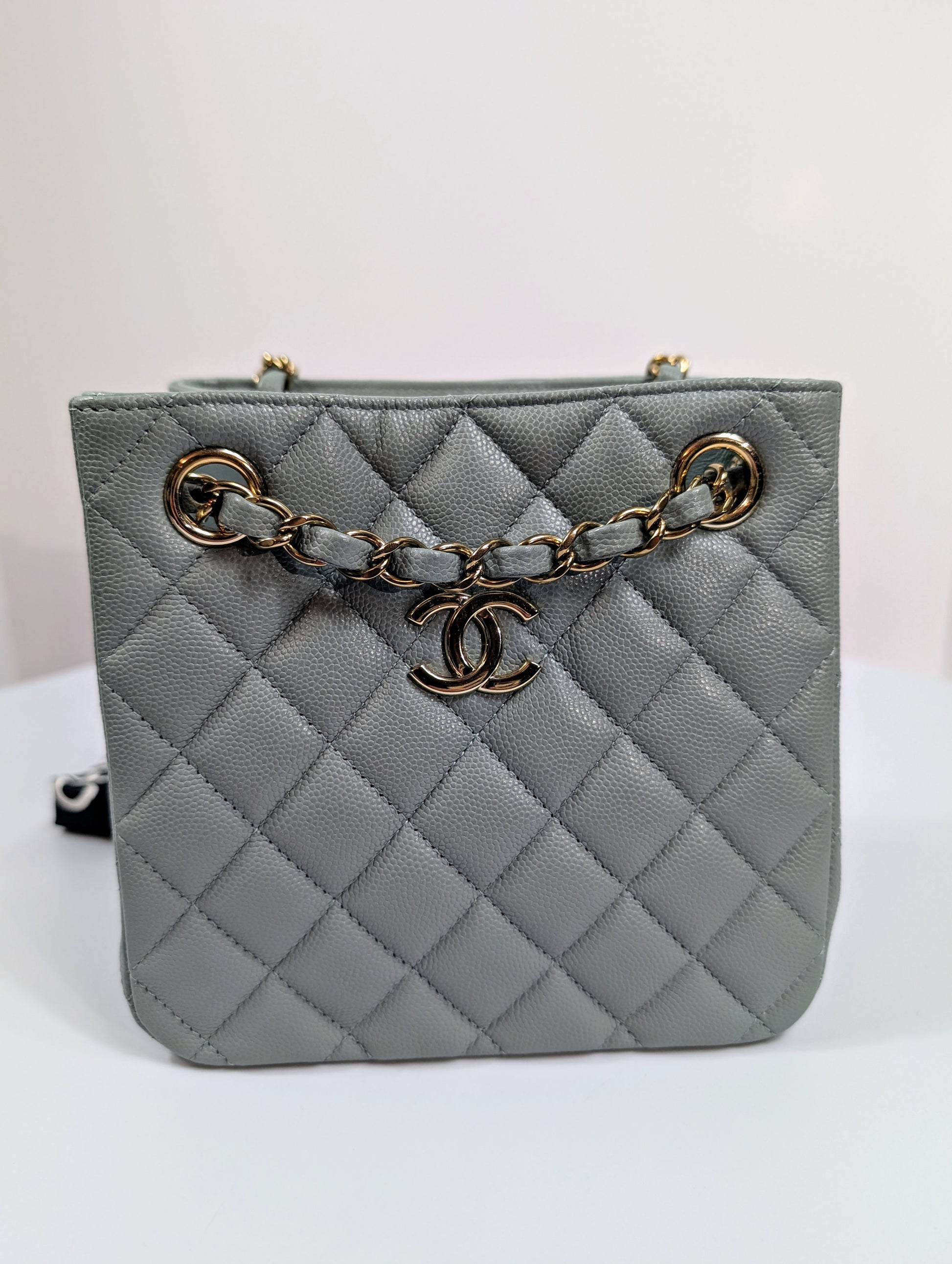 Chanel Rare Light Grey Quilted Caviar Leather Small Bucket Drawstring Bag
