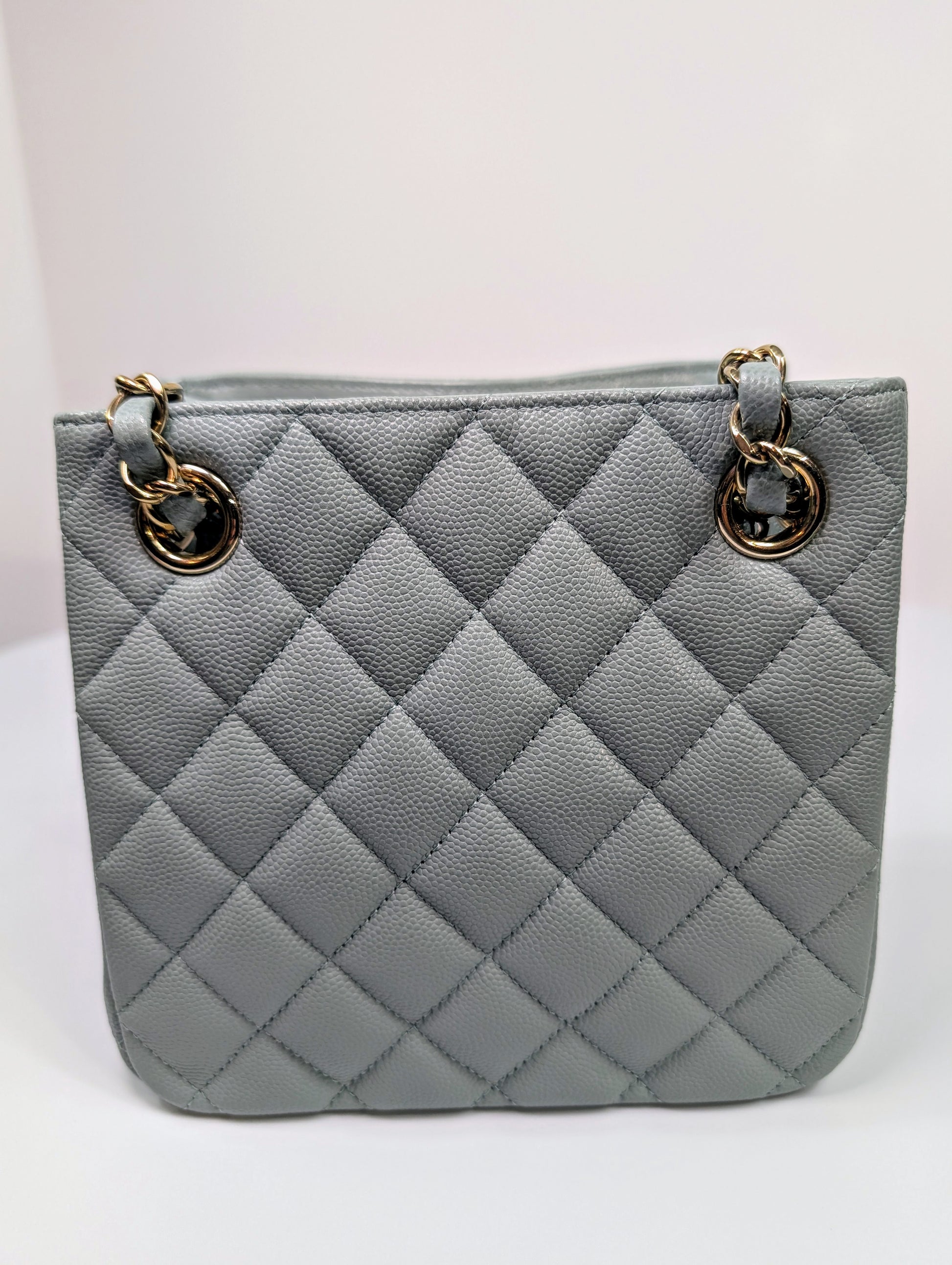 Chanel Rare Light Grey Quilted Caviar Leather Small Bucket Drawstring Bag