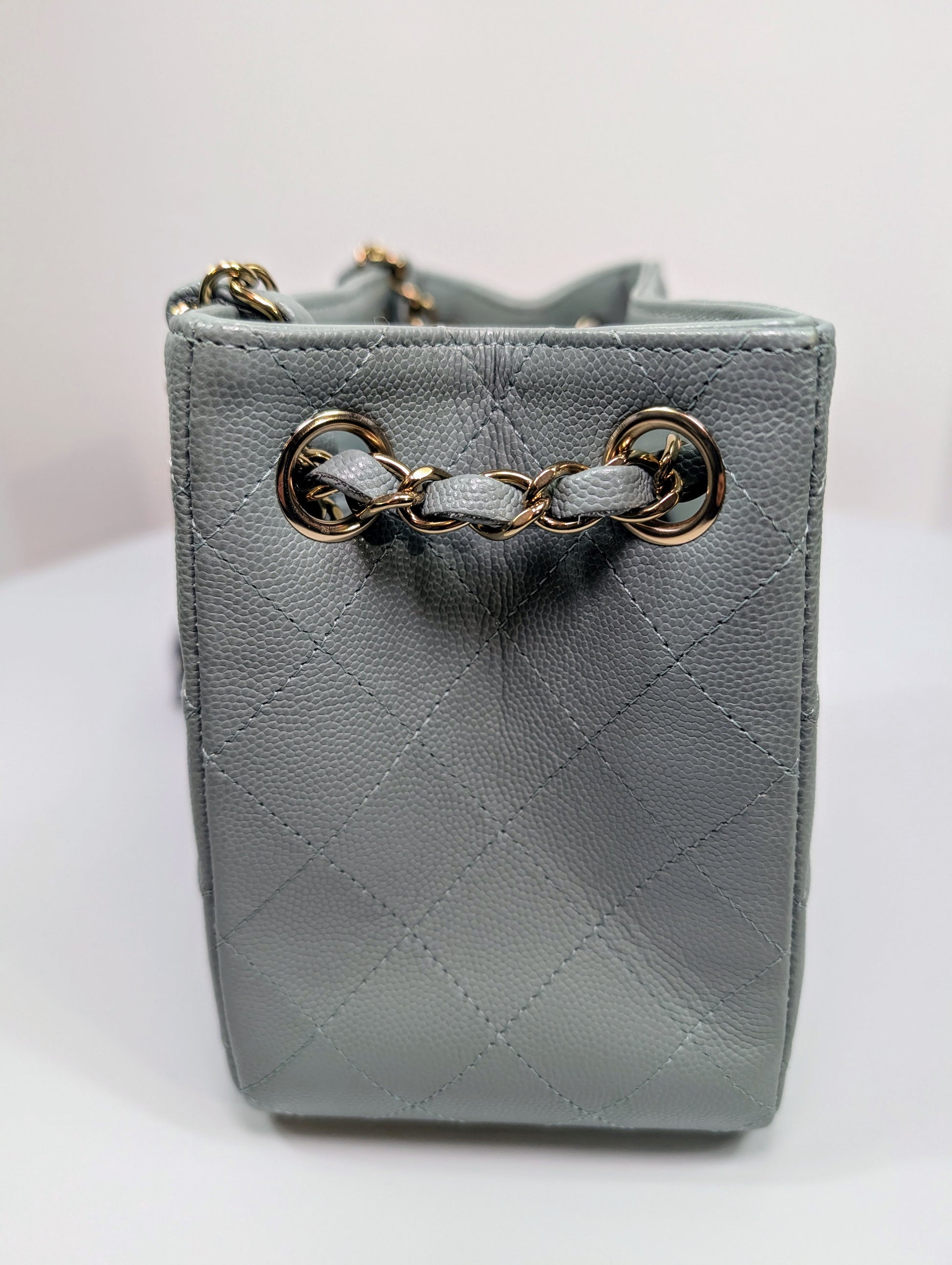 Chanel Rare Light Grey Quilted Caviar Leather Small Bucket Drawstring Bag