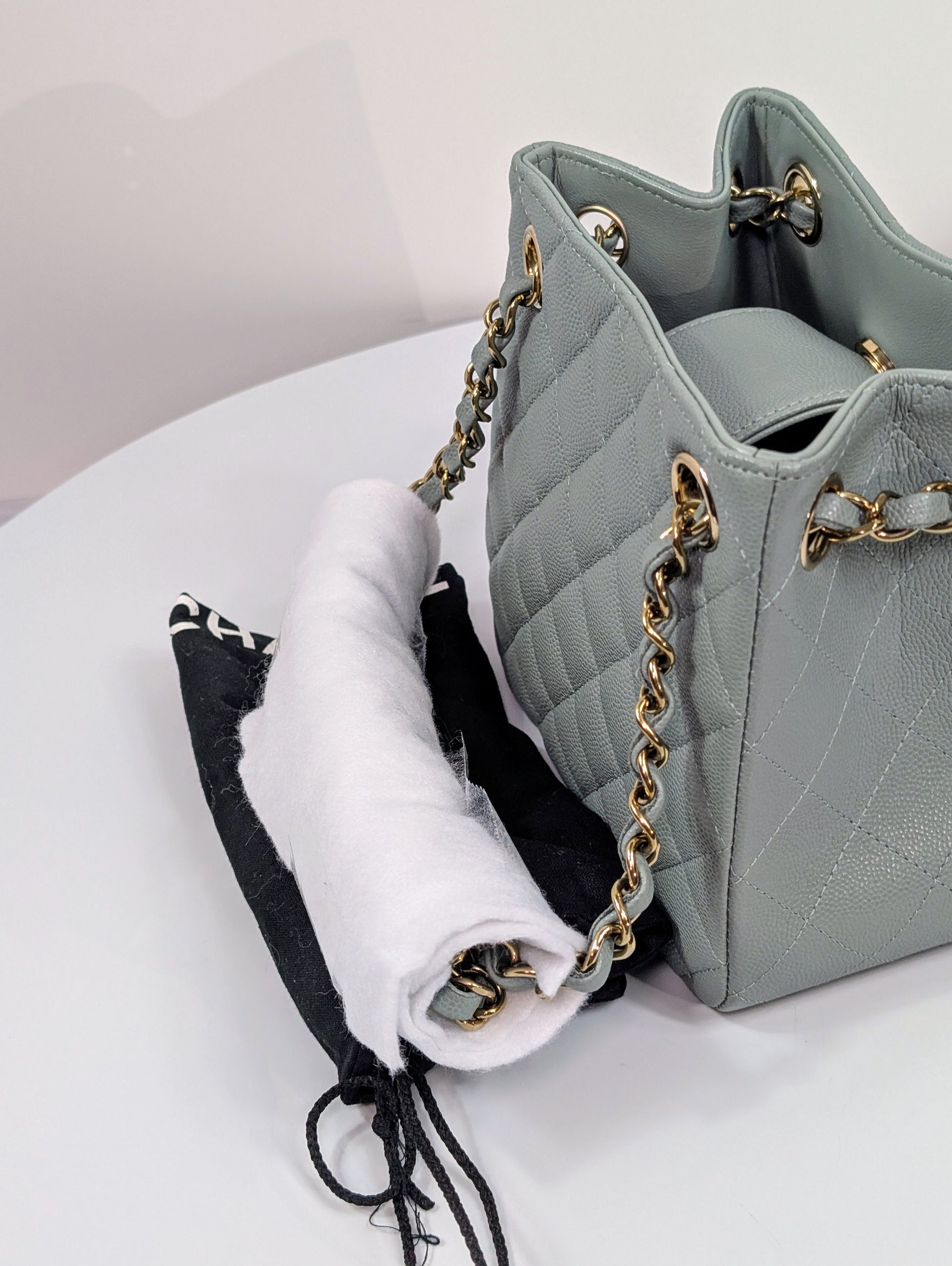 Chanel Rare Light Grey Quilted Caviar Leather Small Bucket Drawstring Bag