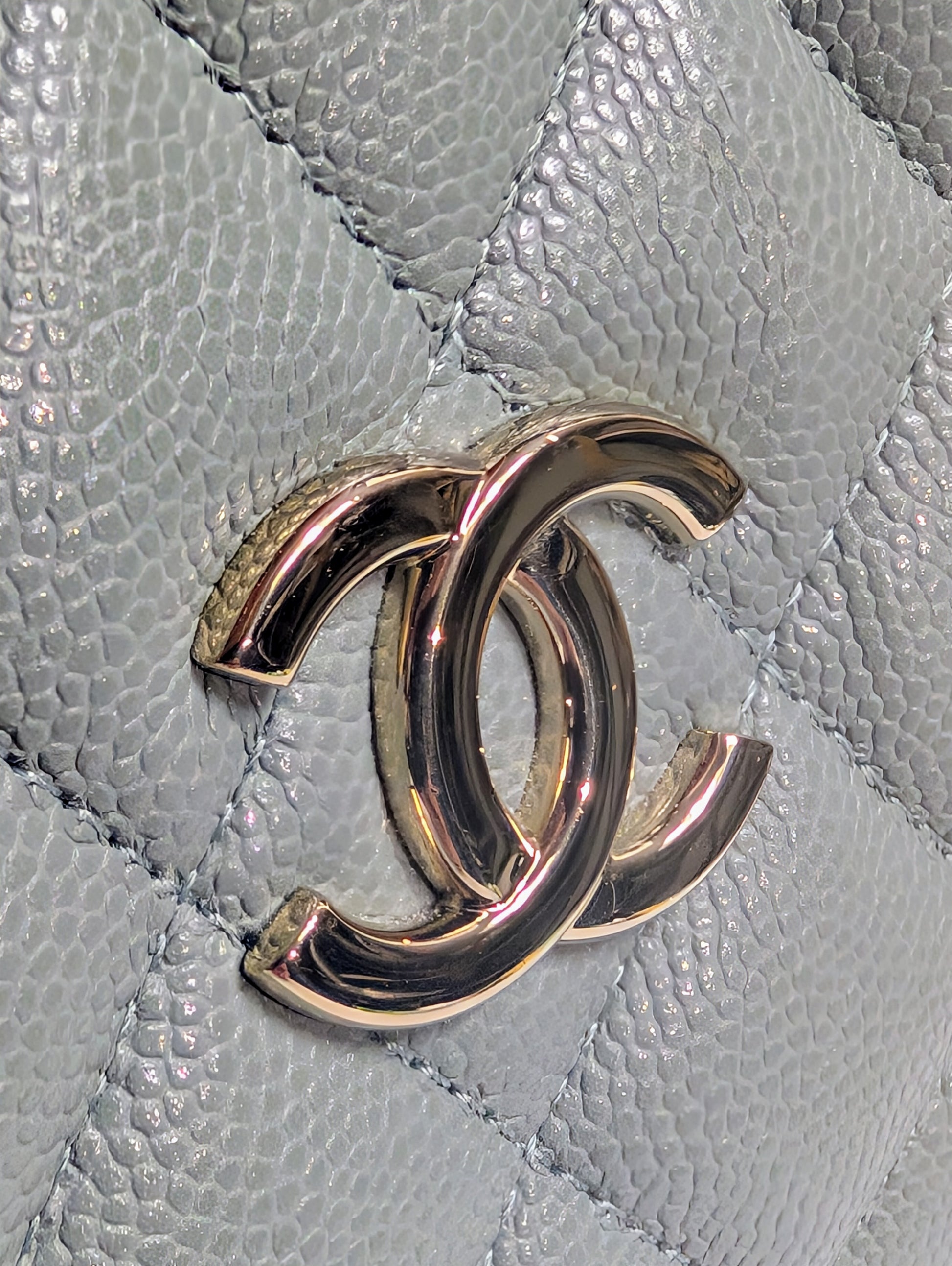 Chanel Rare Light Grey Quilted Caviar Leather Small Bucket Drawstring Bag