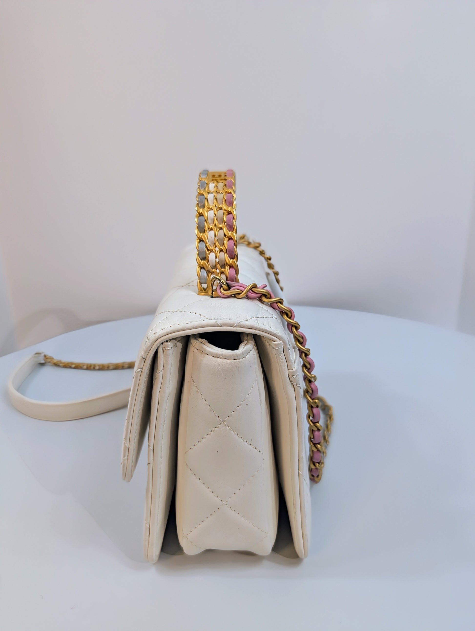 Chanel 19 White Lambskin Small Flap Bag with Pink/Blue Hardware