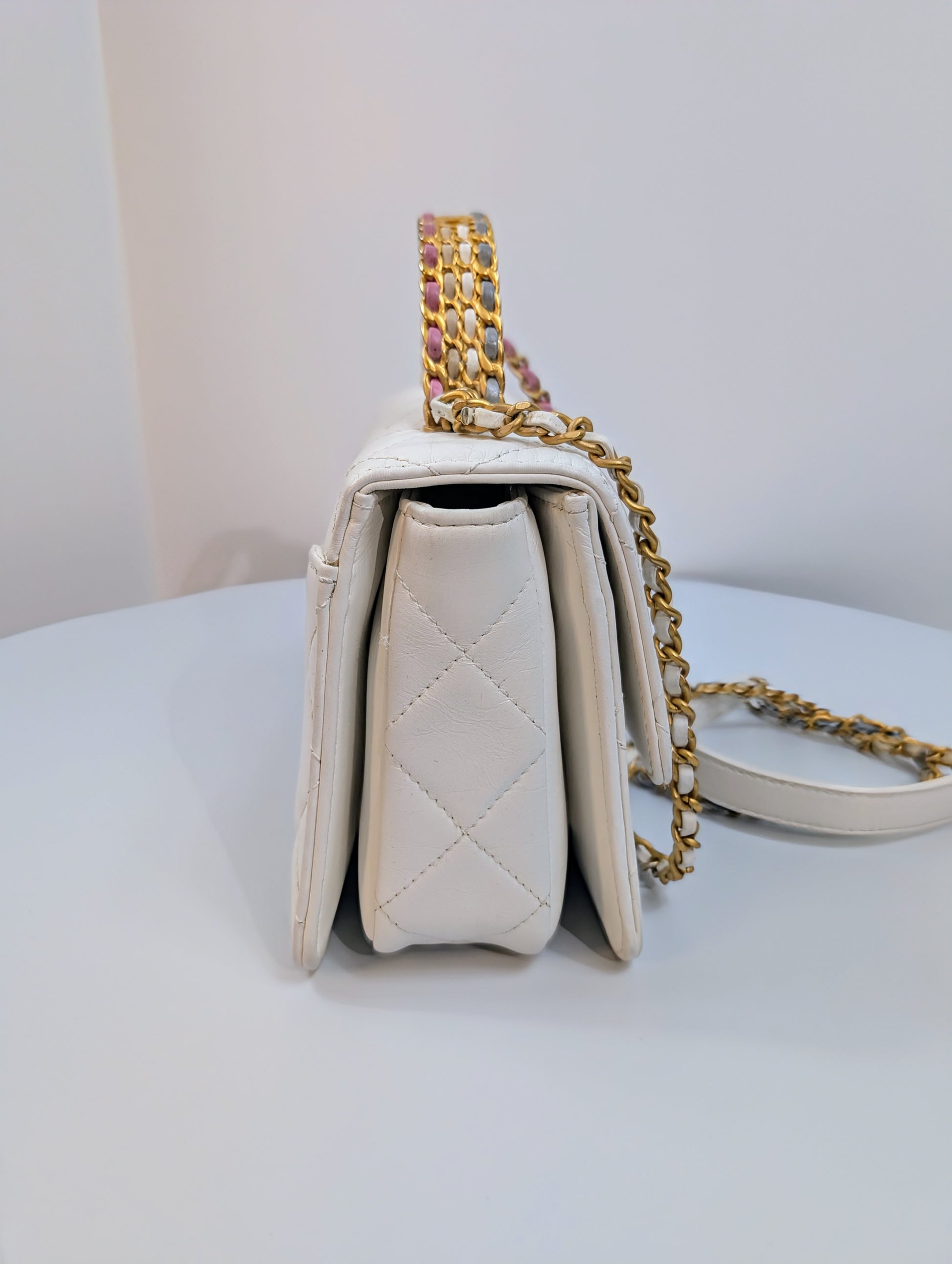 Chanel 19 White Lambskin Small Flap Bag with Pink/Blue Hardware
