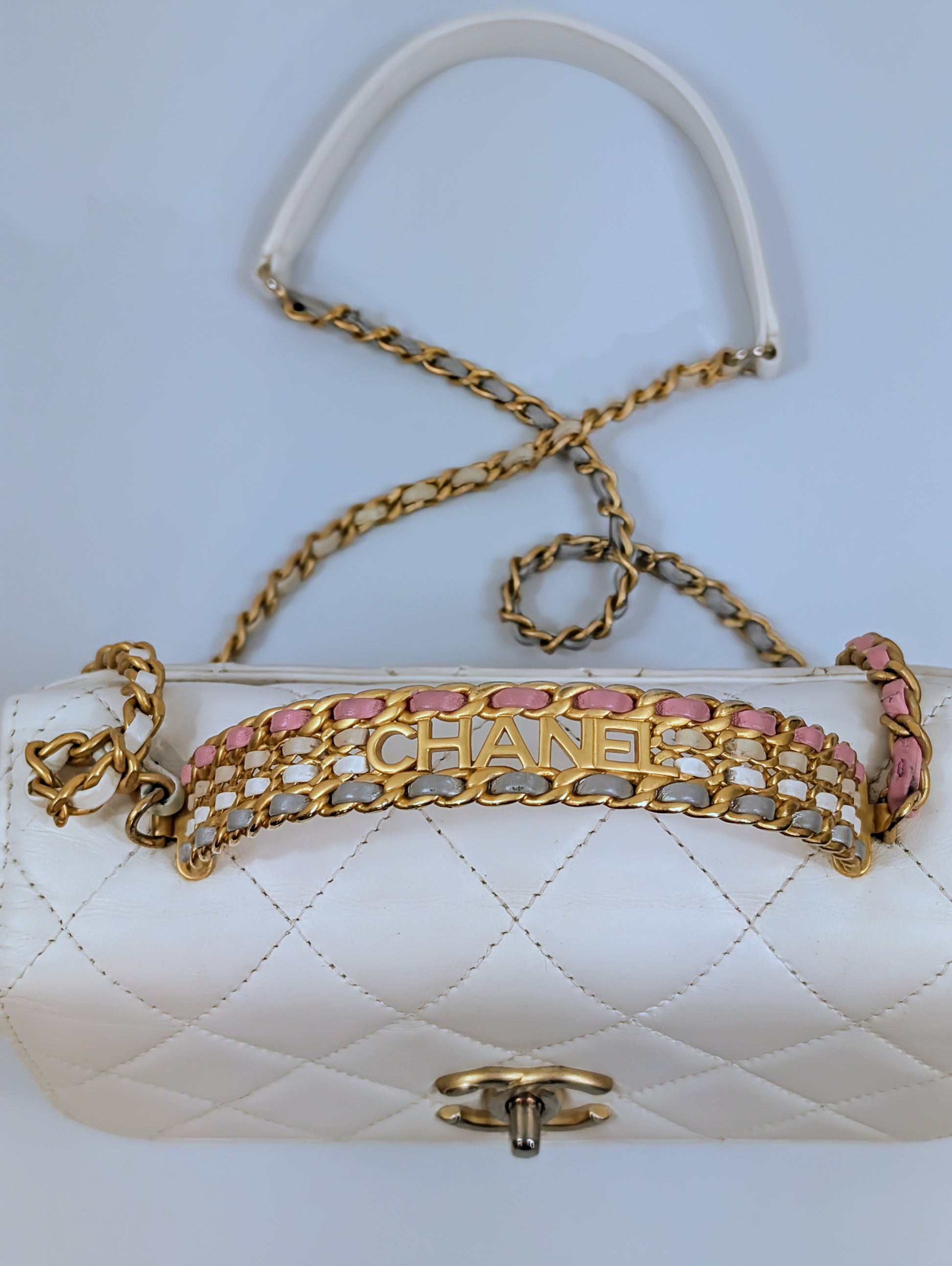 Chanel 19 White Lambskin Small Flap Bag with Pink/Blue Hardware