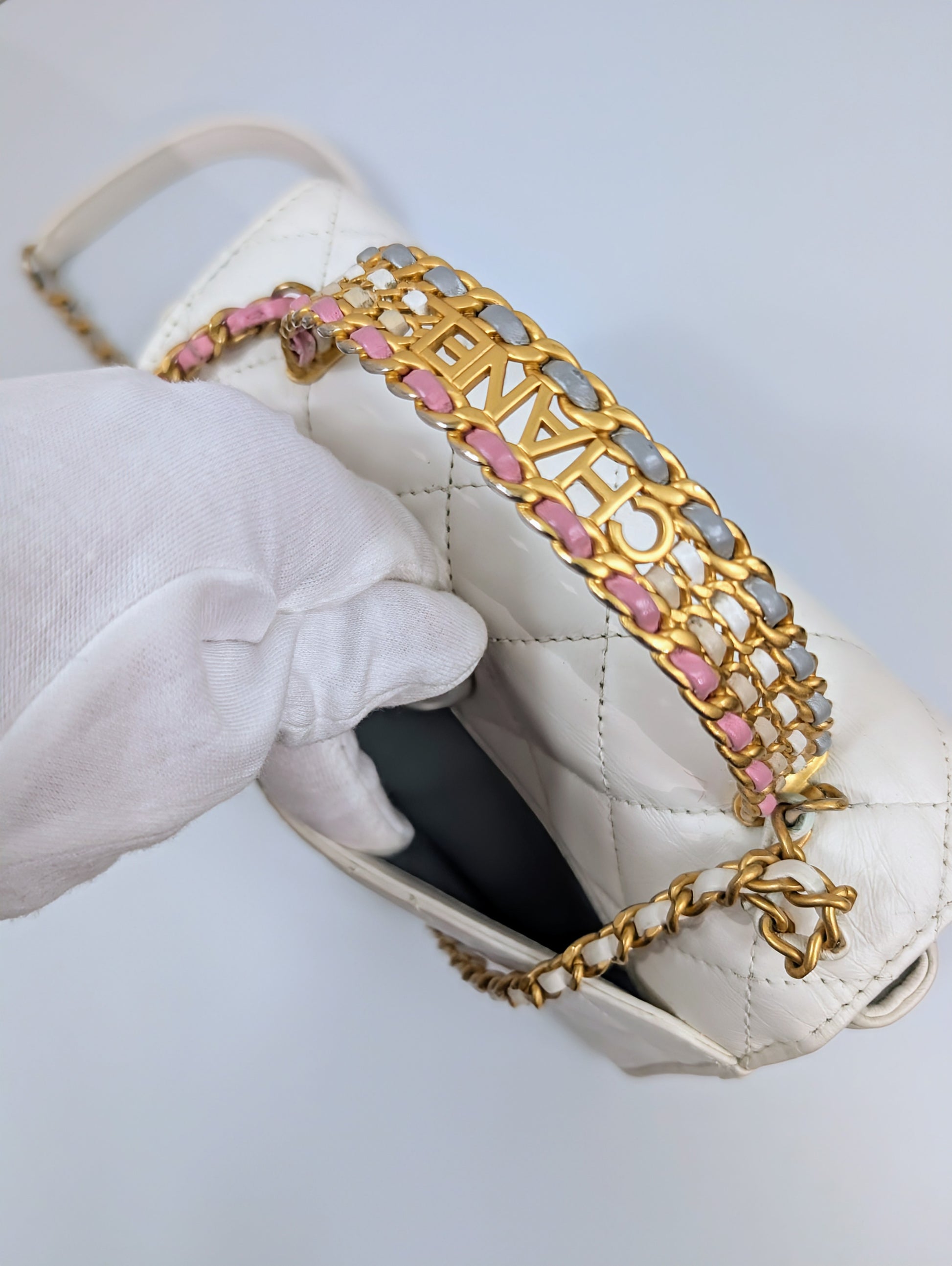 Chanel 19 White Lambskin Small Flap Bag with Pink/Blue Hardware