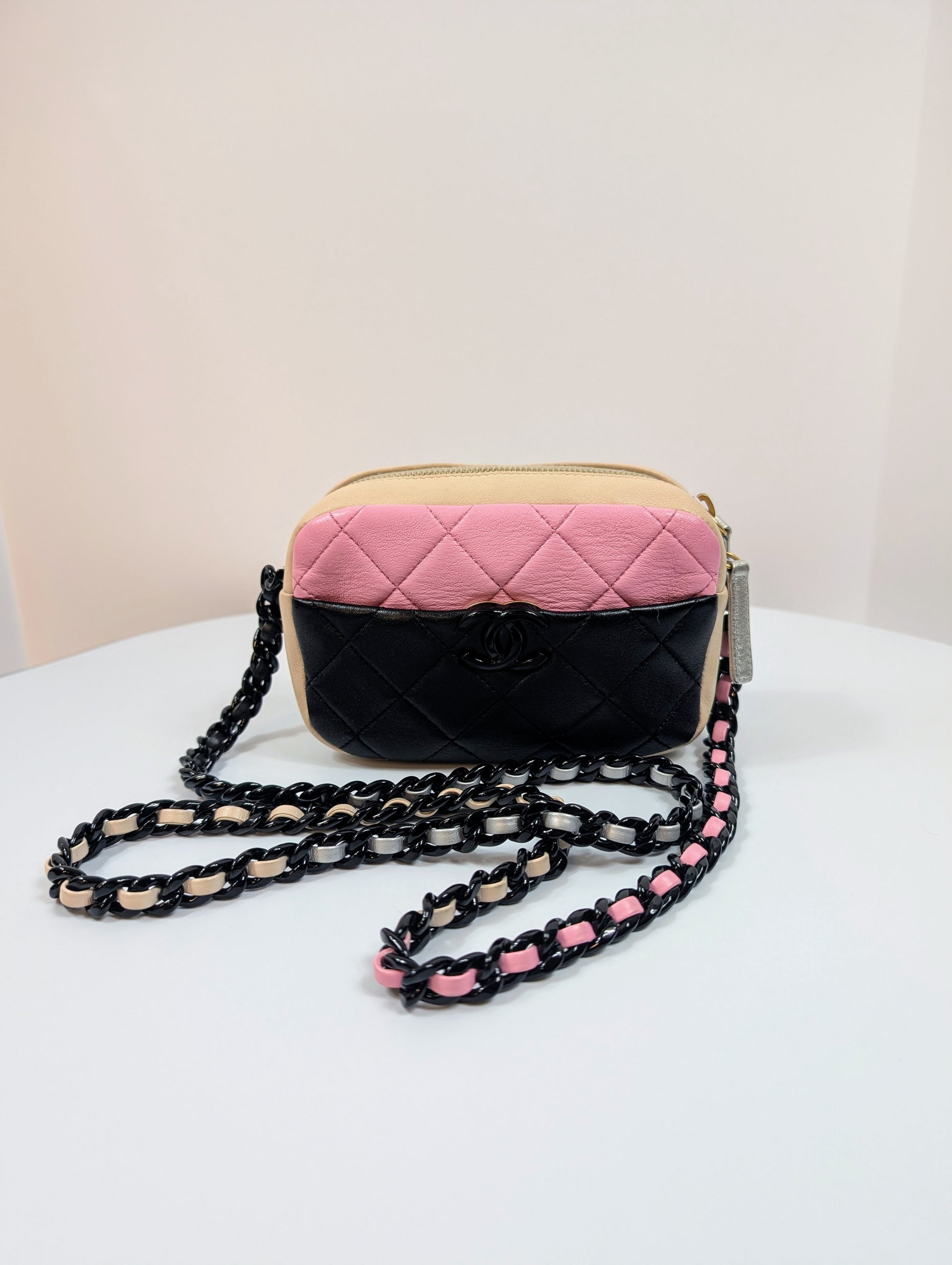 Chanel Mini Camera Case in Tricolor (Pink/Black/Beige) Quilted Leather, Black Hardware