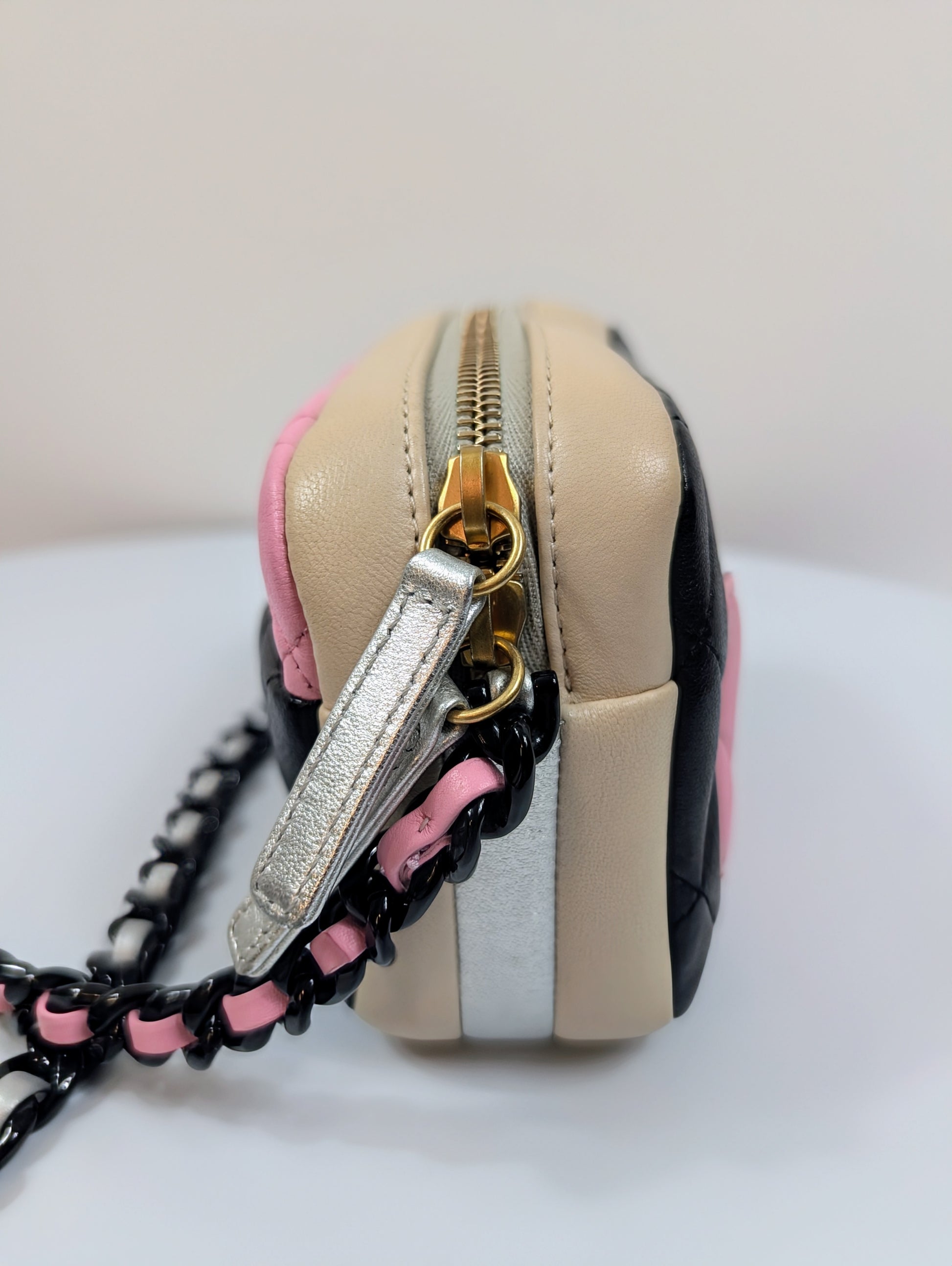 Chanel Mini Camera Case in Tricolor (Pink/Black/Beige) Quilted Leather, Black Hardware