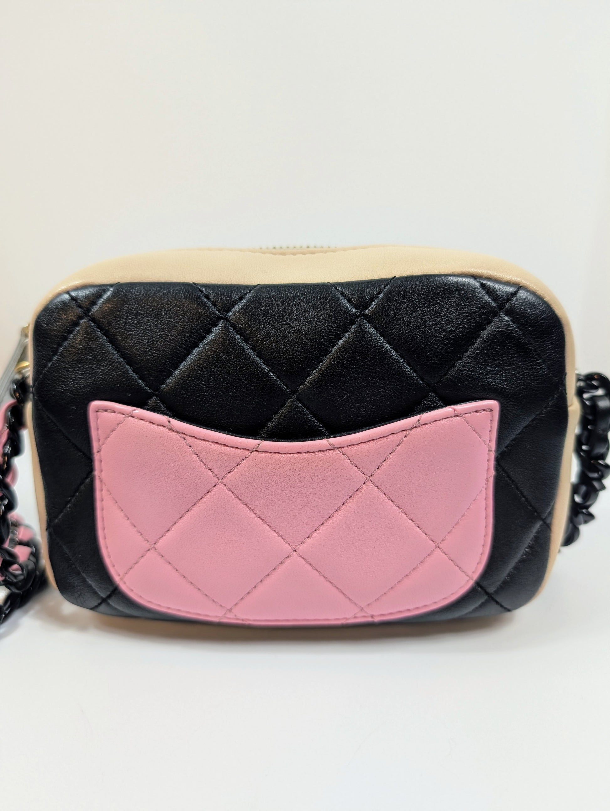 Chanel Mini Camera Case in Tricolor (Pink/Black/Beige) Quilted Leather, Black Hardware