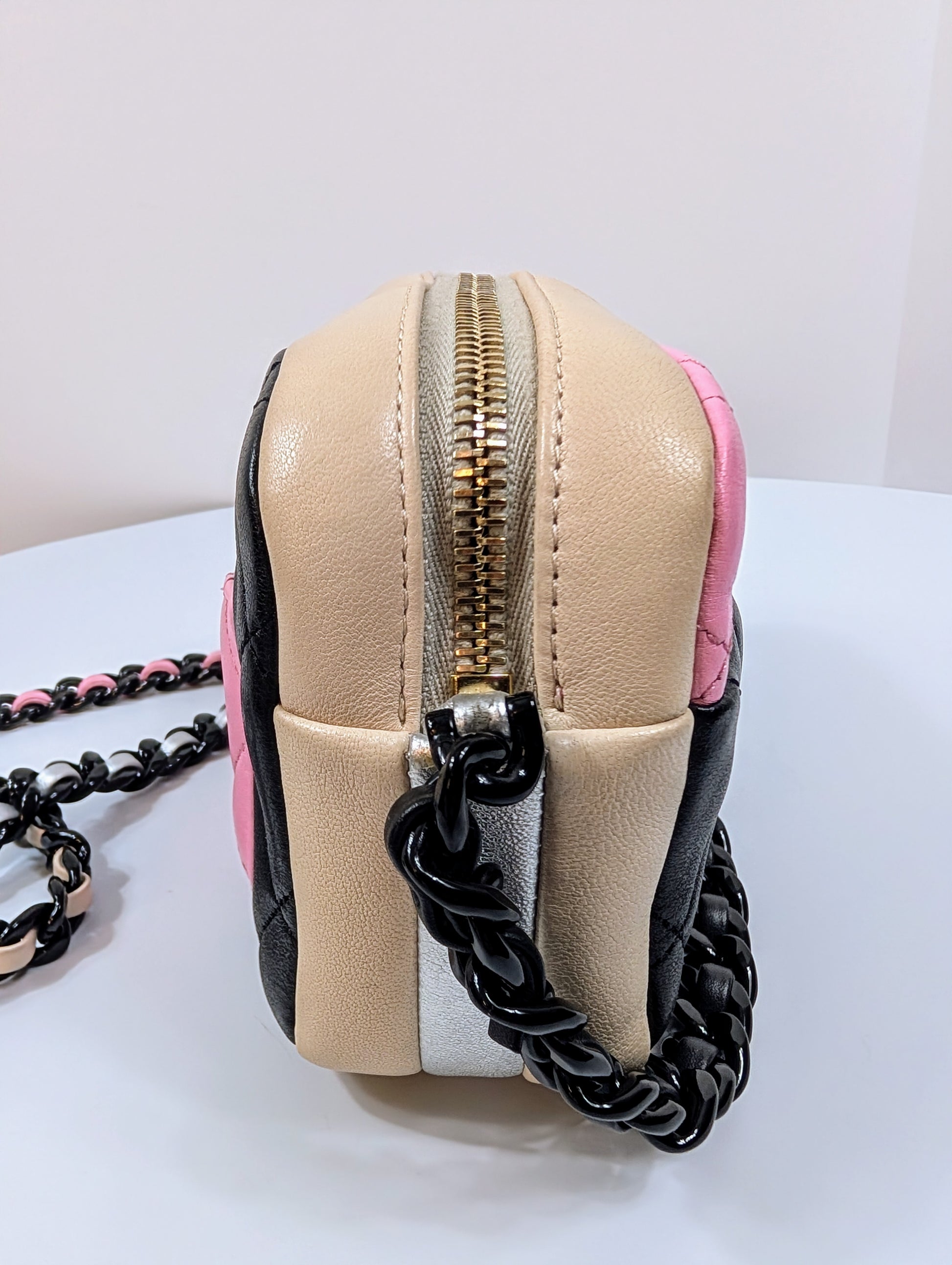 Chanel Mini Camera Case in Tricolor (Pink/Black/Beige) Quilted Leather, Black Hardware