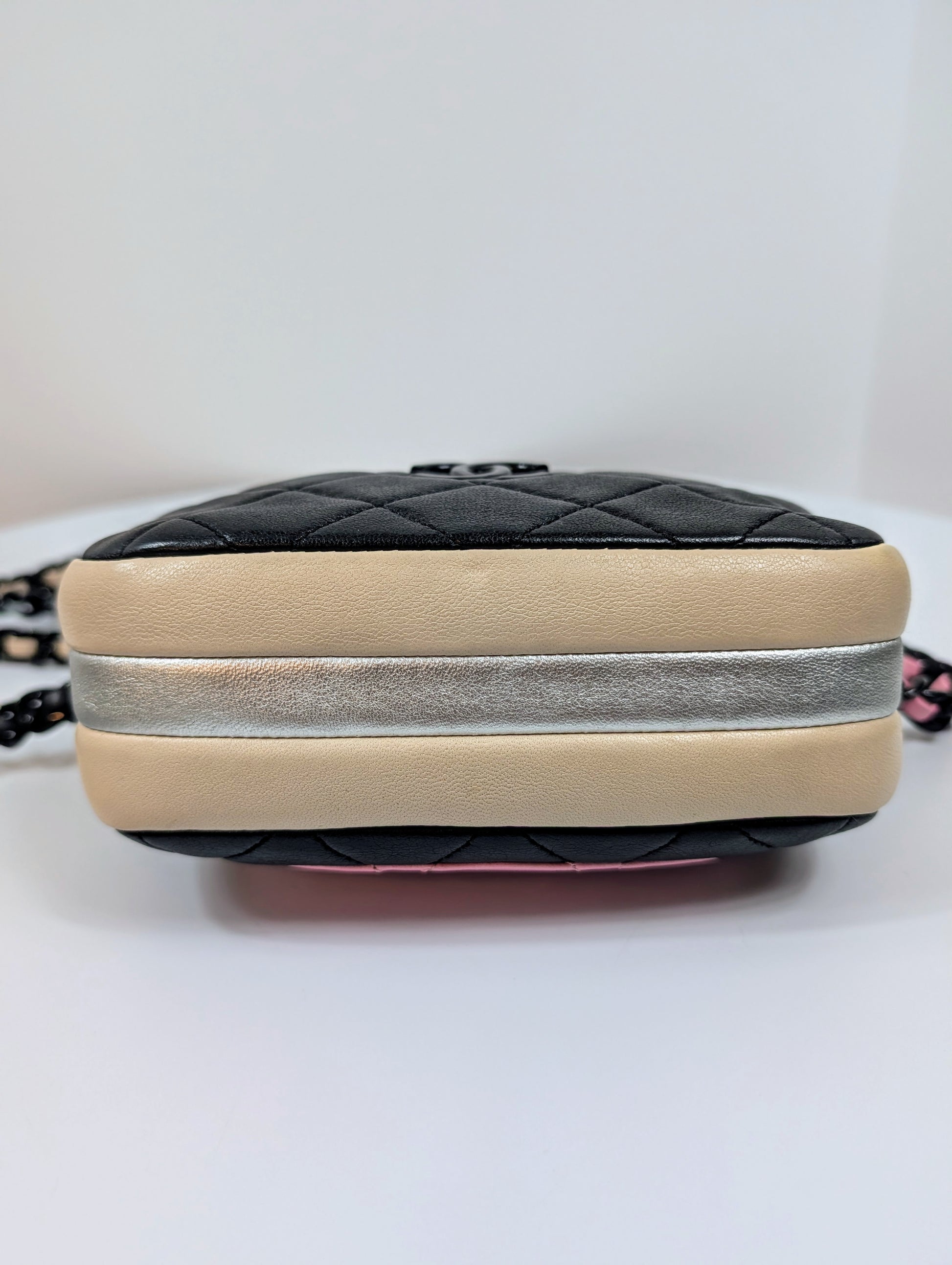 Chanel Mini Camera Case in Tricolor (Pink/Black/Beige) Quilted Leather, Black Hardware