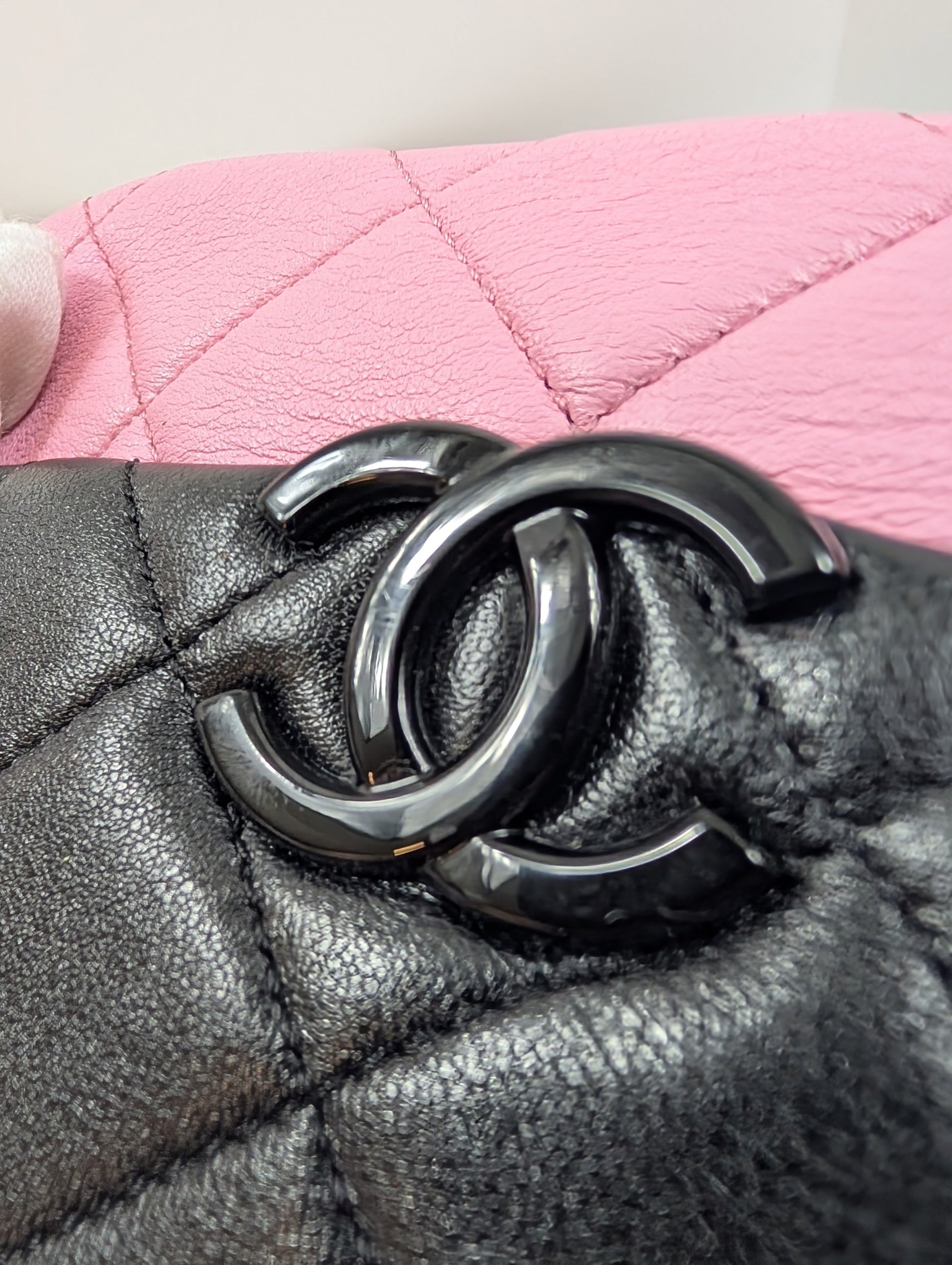 Chanel Mini Camera Case in Tricolor (Pink/Black/Beige) Quilted Leather, Black Hardware
