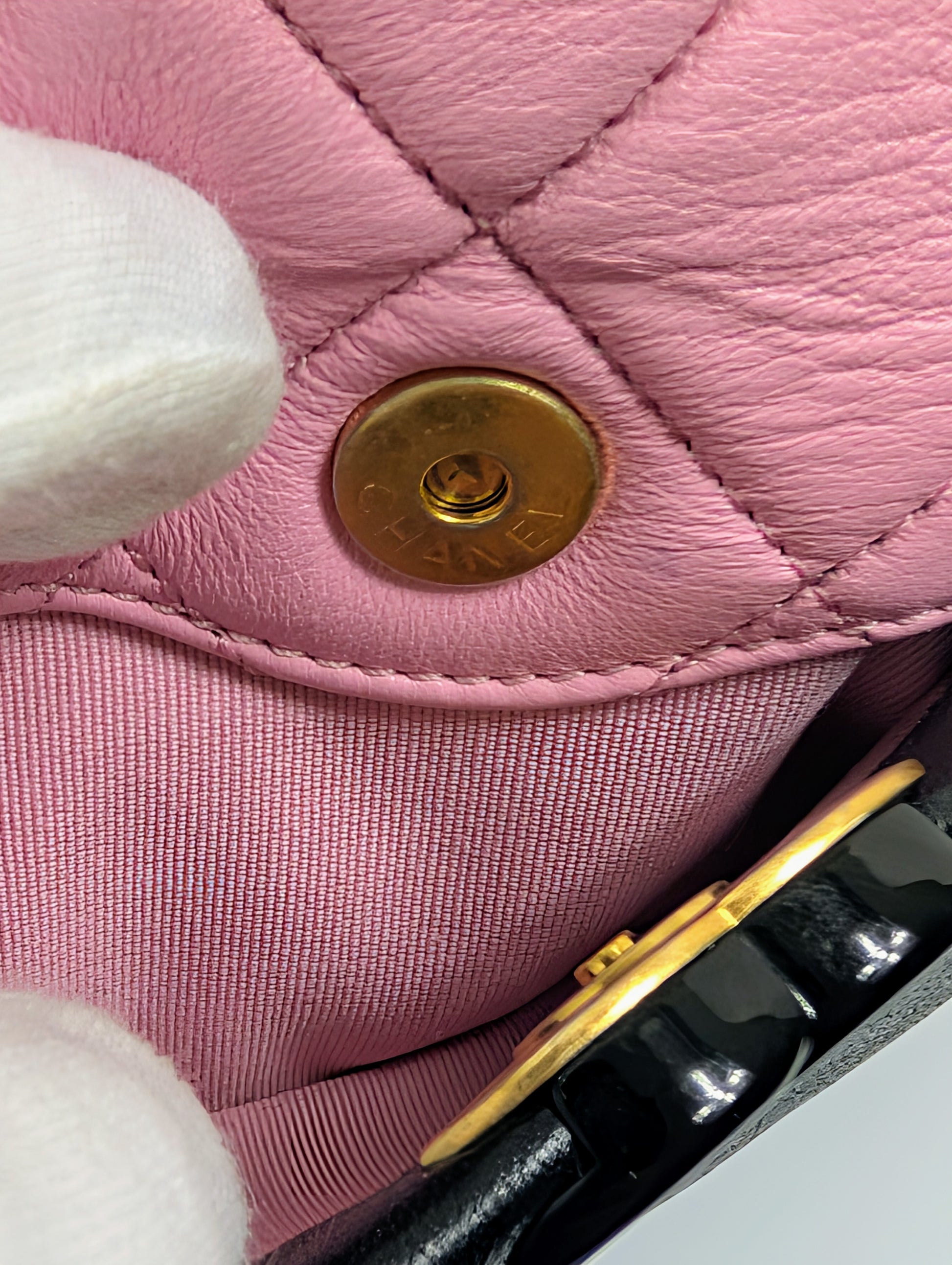 Chanel Mini Camera Case in Tricolor (Pink/Black/Beige) Quilted Leather, Black Hardware