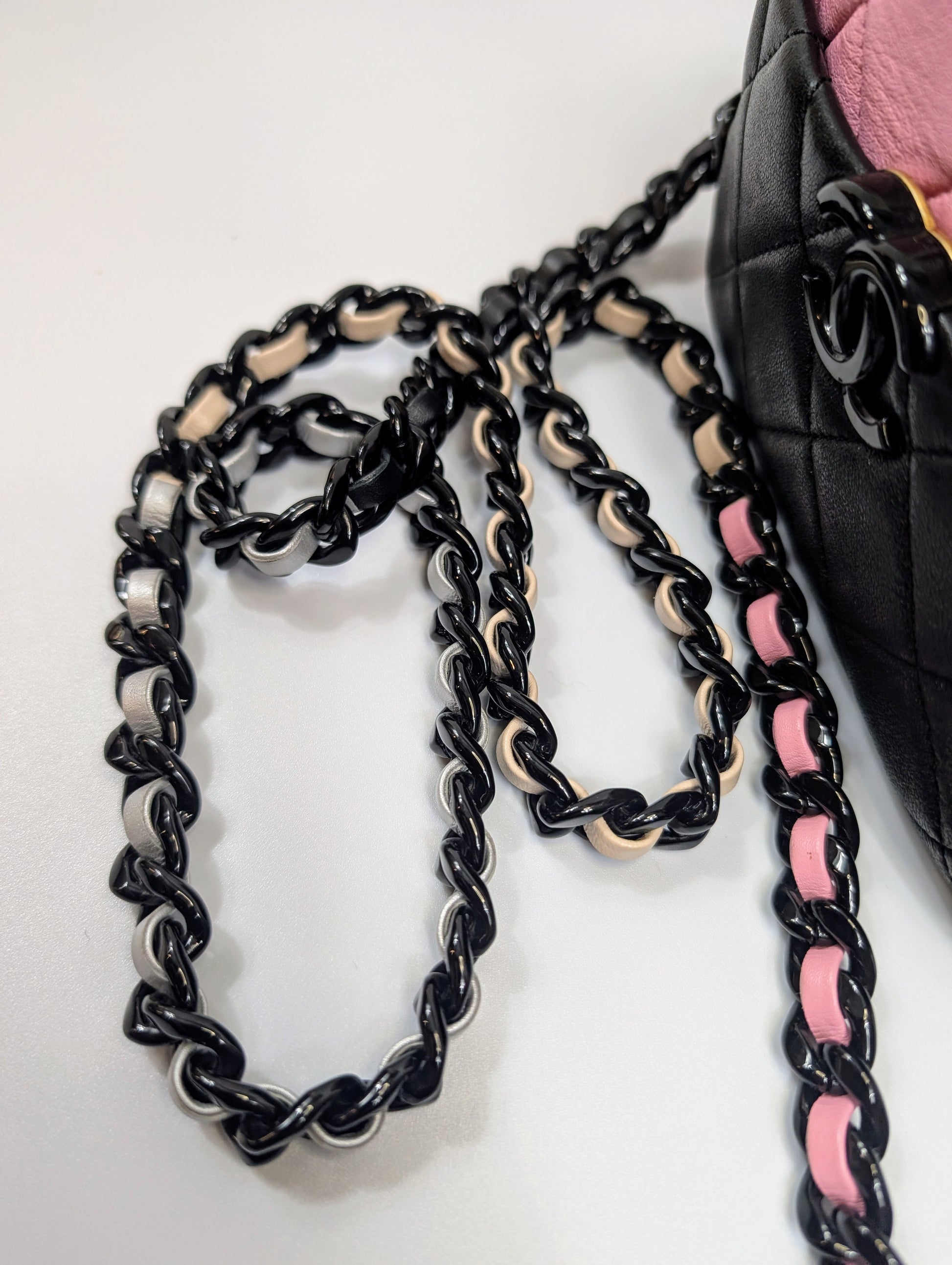 Chanel Mini Camera Case in Tricolor (Pink/Black/Beige) Quilted Leather, Black Hardware