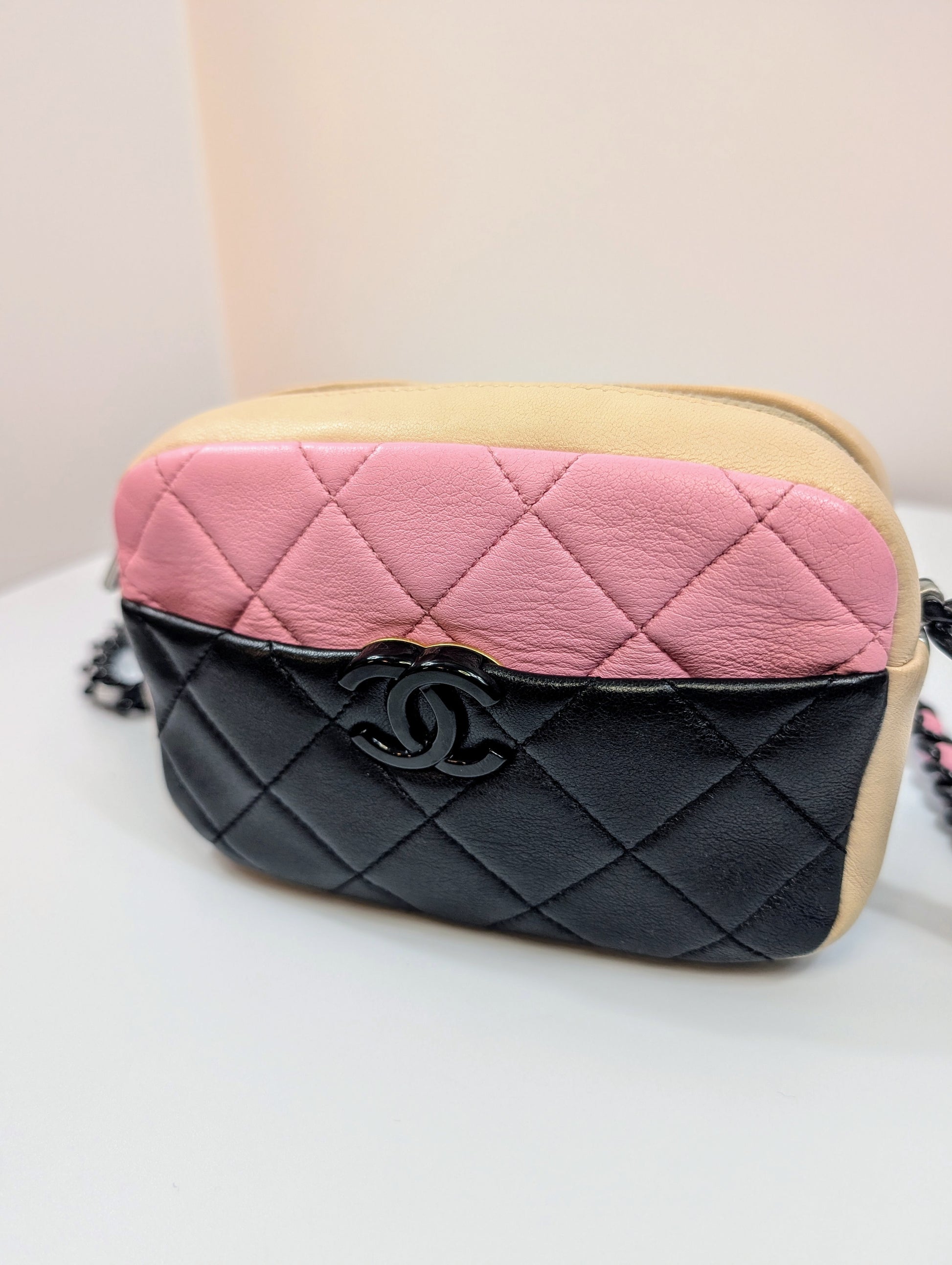 Chanel Mini Camera Case in Tricolor (Pink/Black/Beige) Quilted Leather, Black Hardware