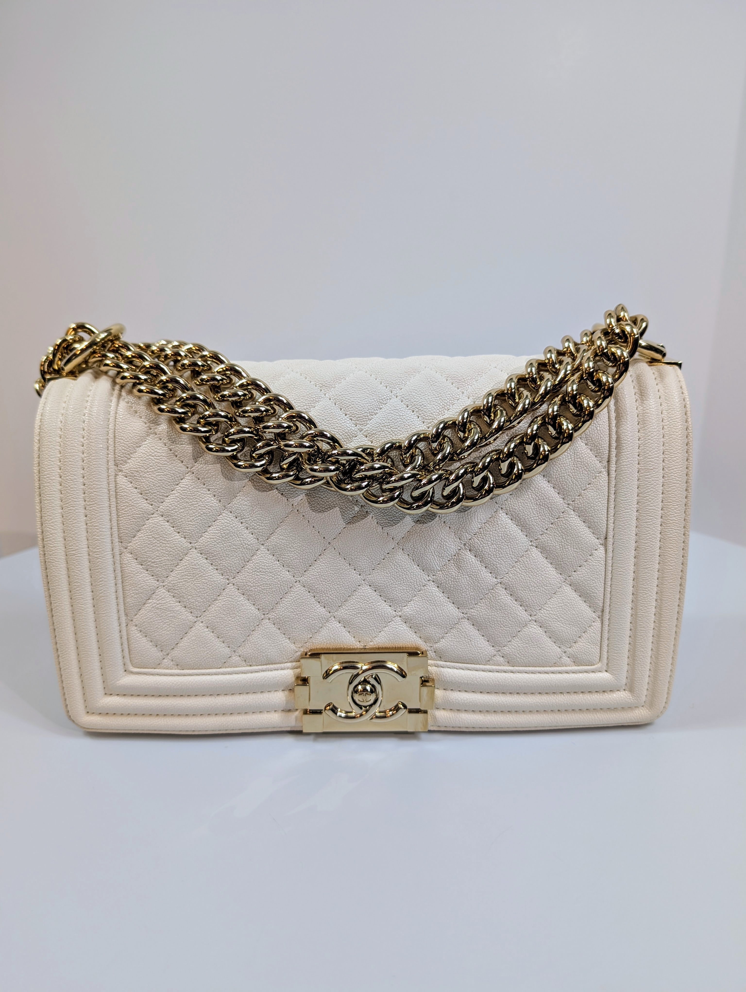 Chanel White Grained Calfskin Medium Boy Flap Bag