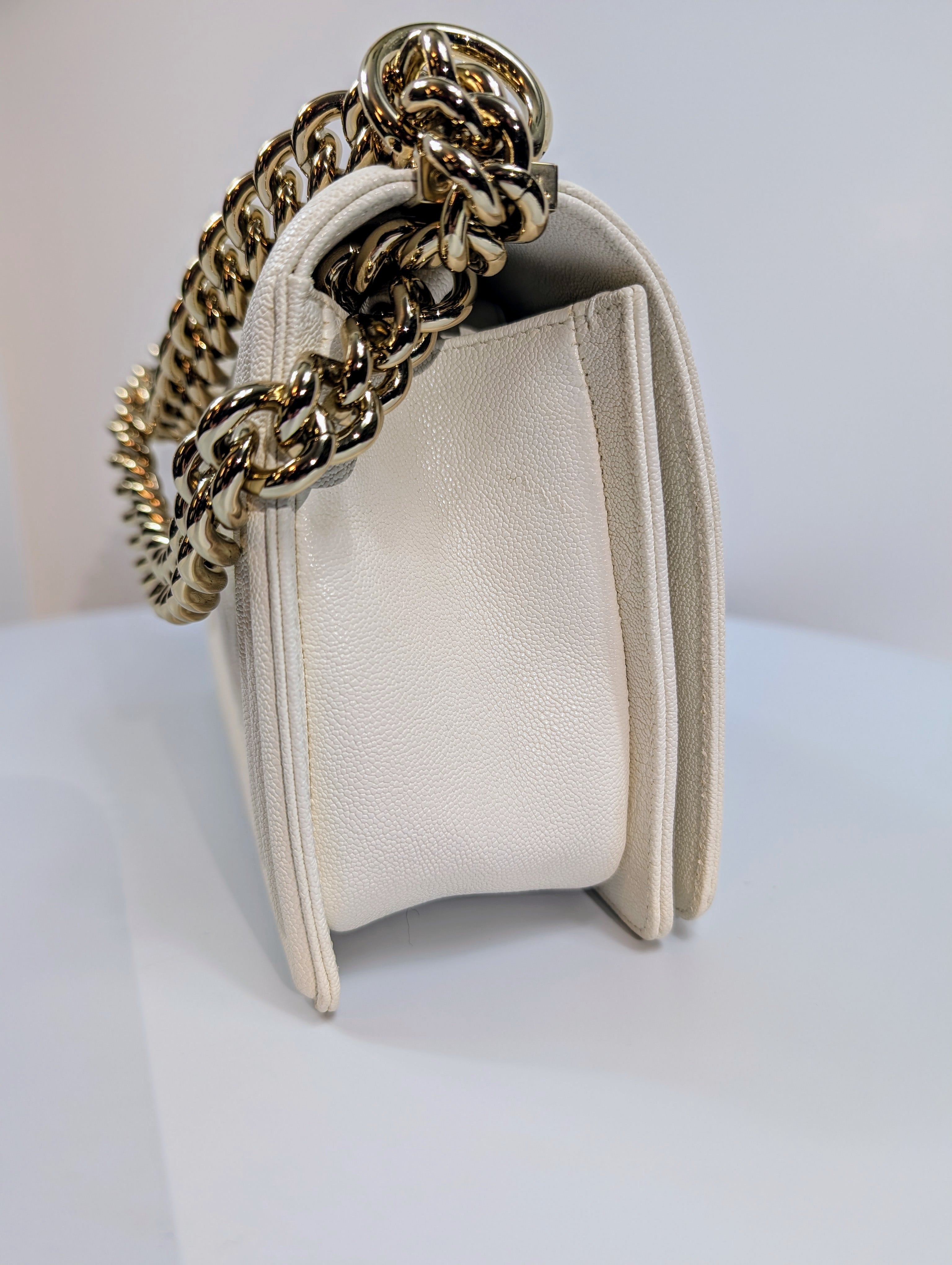 Chanel White Grained Calfskin Medium Boy Flap Bag