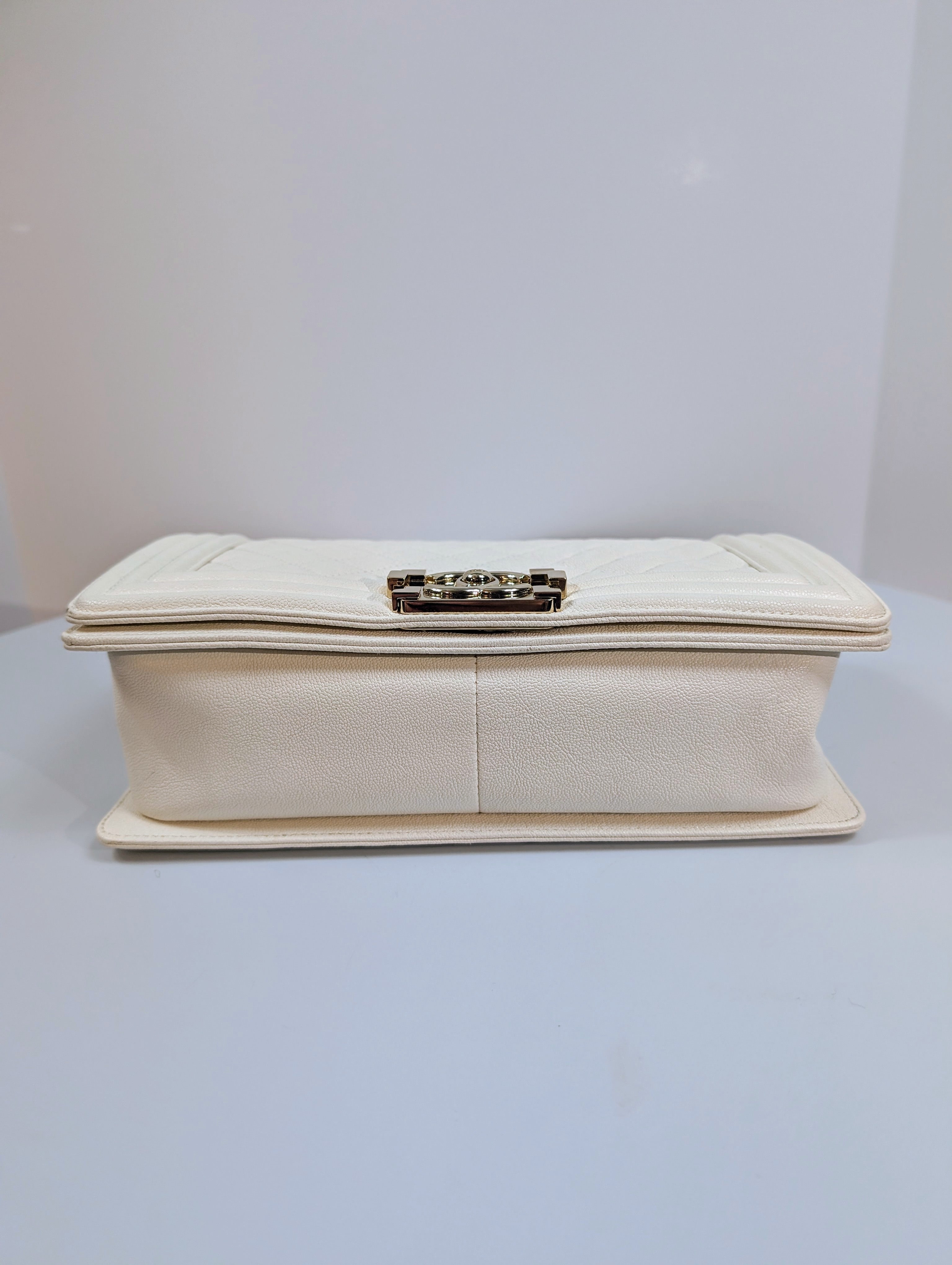 Chanel White Grained Calfskin Medium Boy Flap Bag