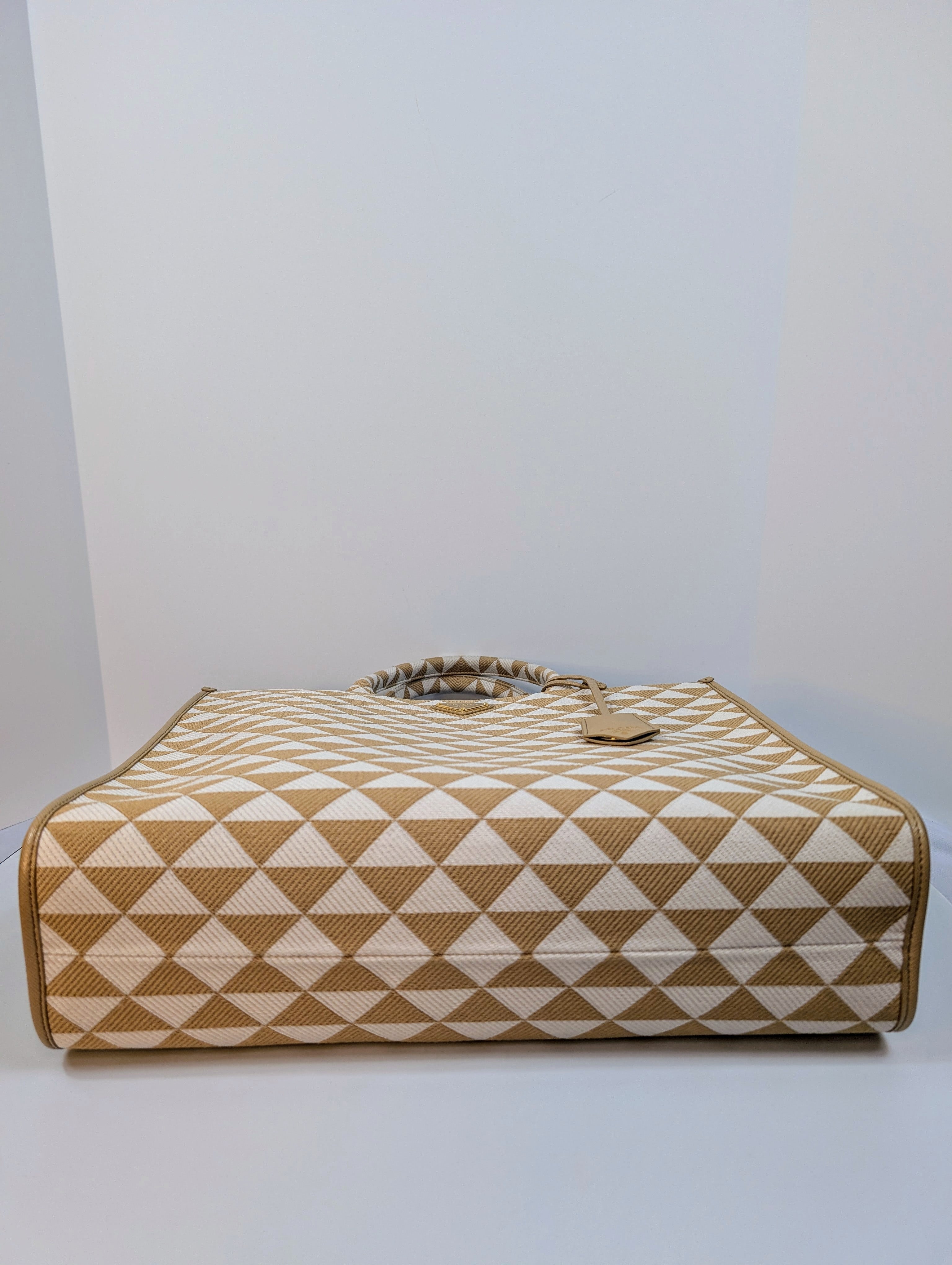 Prada Cream Tan Triangle Pattern Tote with Saffiano Leather Trim