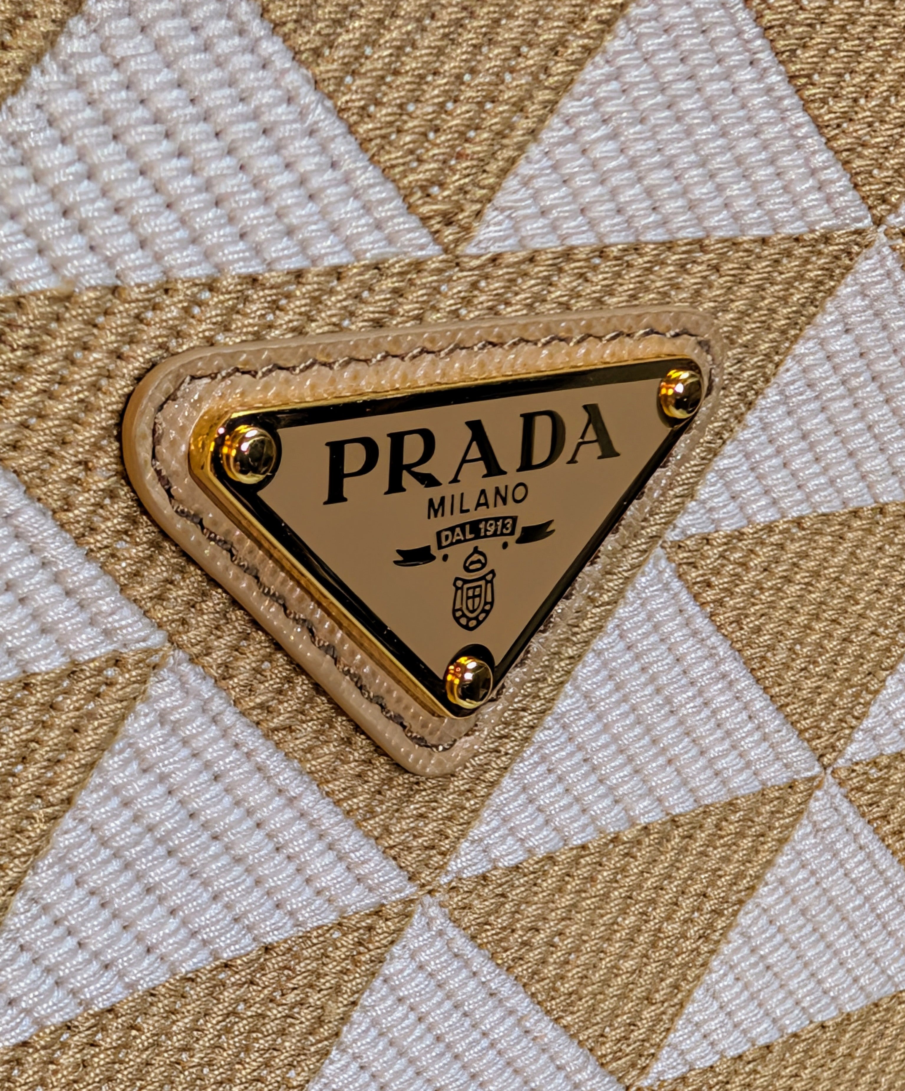 Prada Cream Tan Triangle Pattern Tote with Saffiano Leather Trim