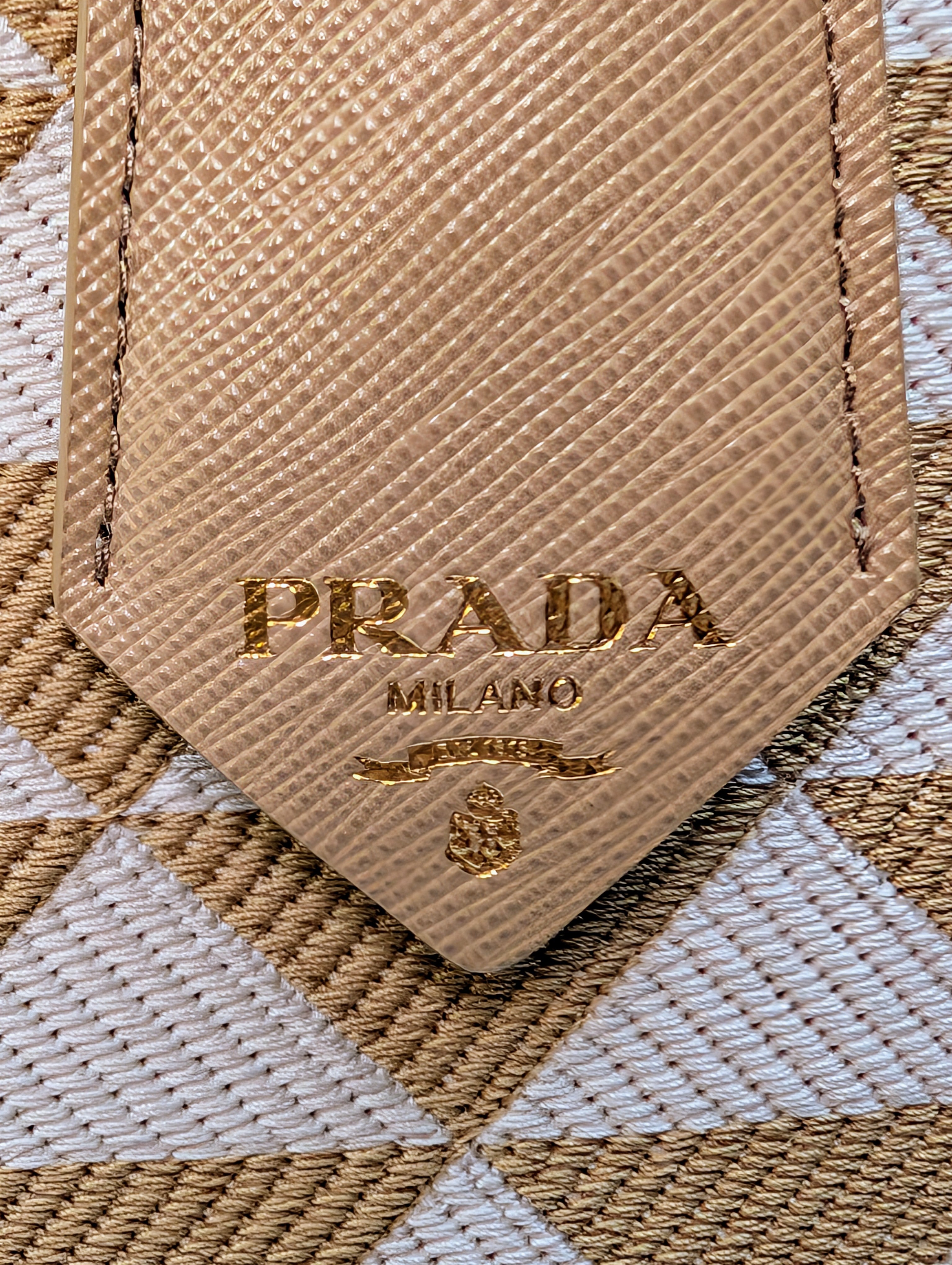Prada Cream Tan Triangle Pattern Tote with Saffiano Leather Trim
