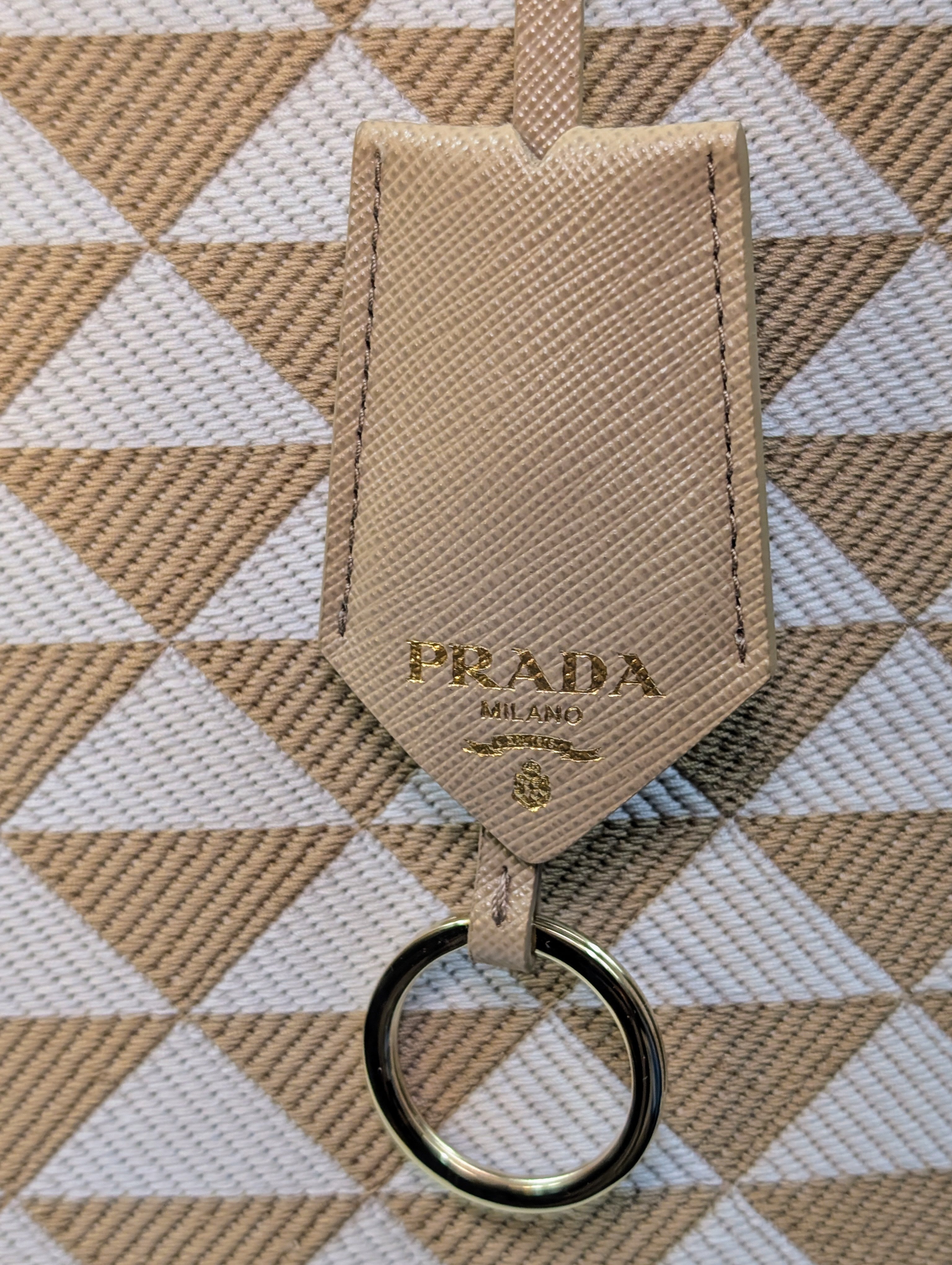 Prada Cream Tan Triangle Pattern Tote with Saffiano Leather Trim