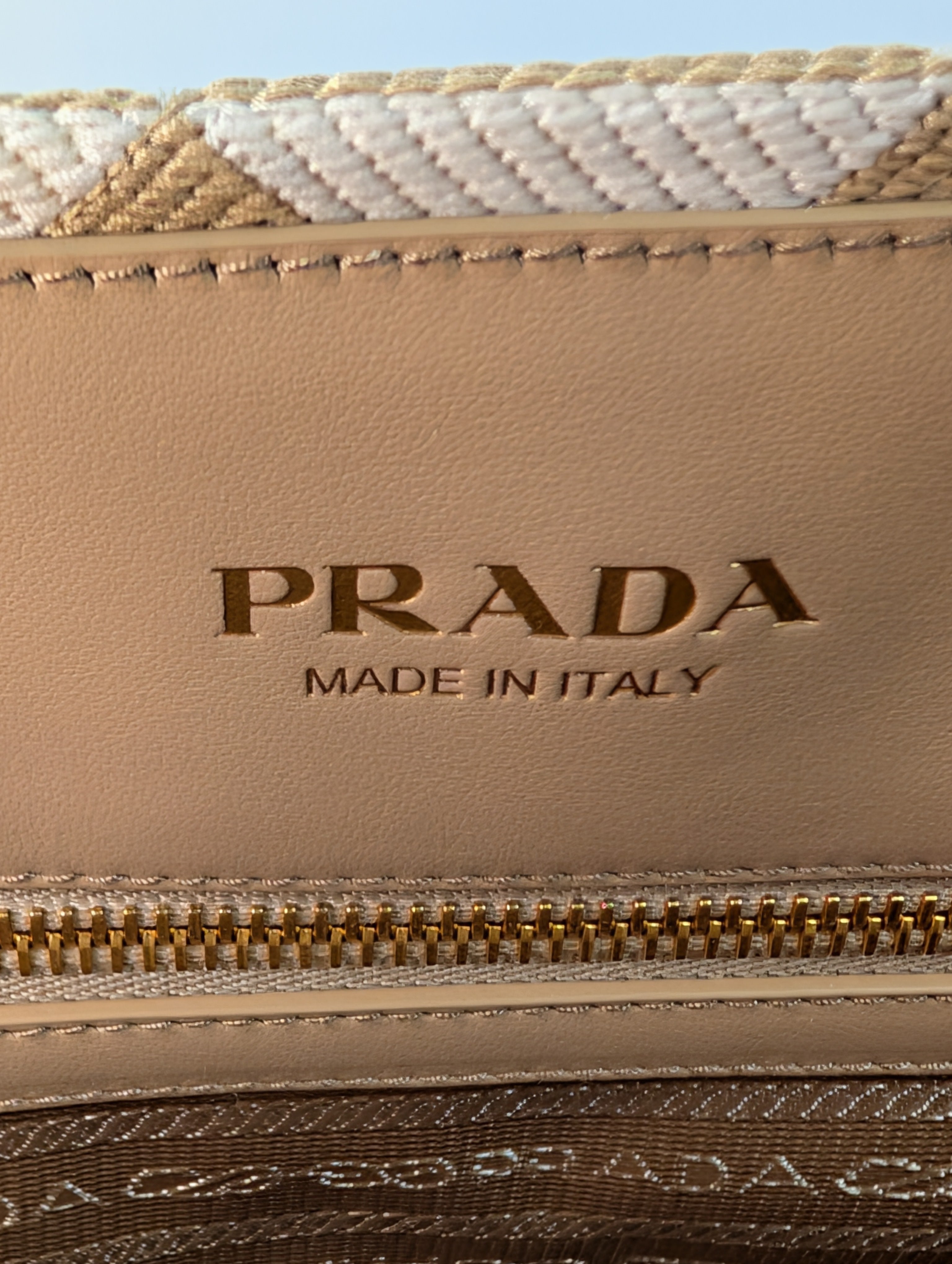 Prada Cream Tan Triangle Pattern Tote with Saffiano Leather Trim