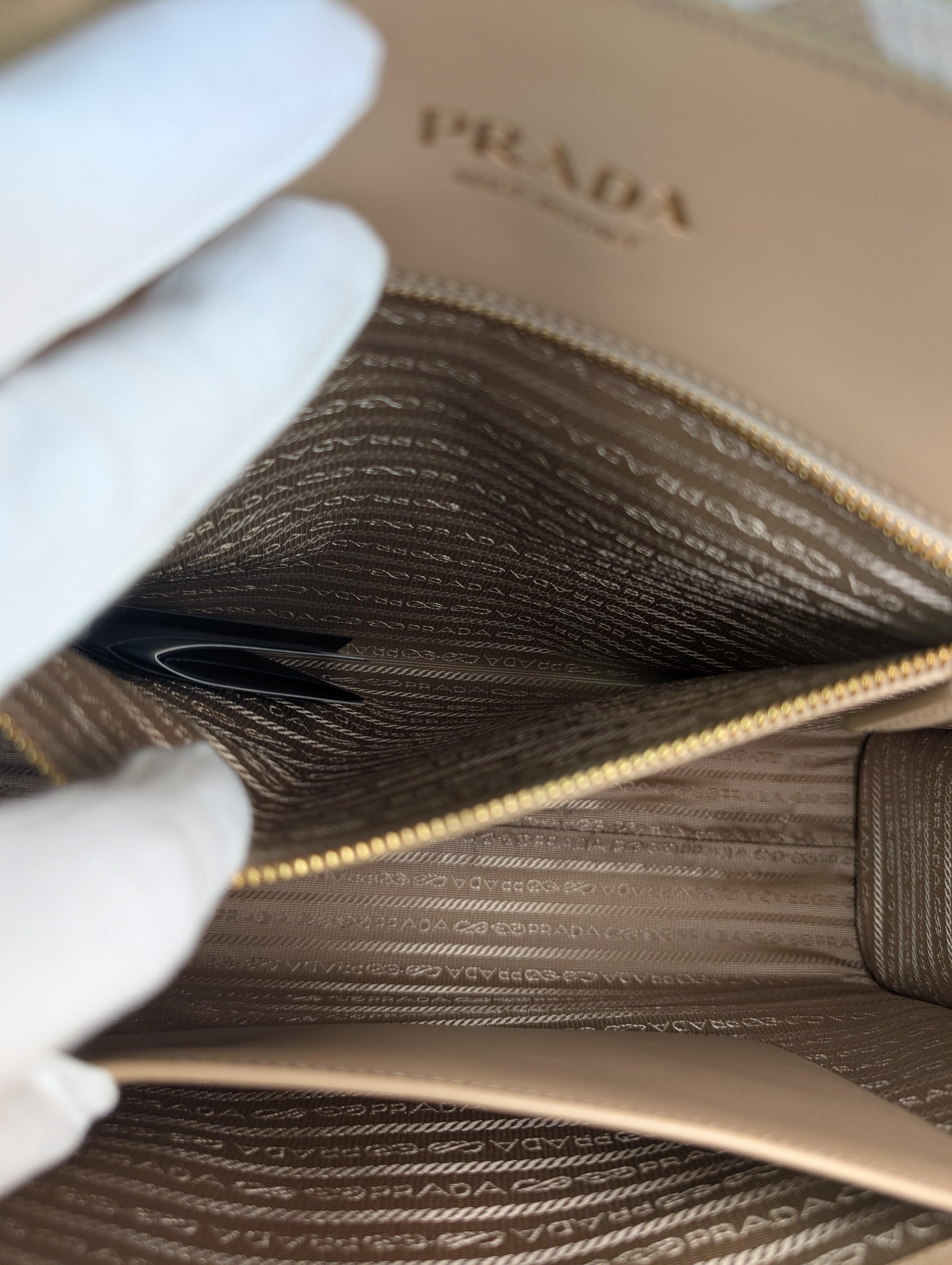 Prada Cream Tan Triangle Pattern Tote with Saffiano Leather Trim