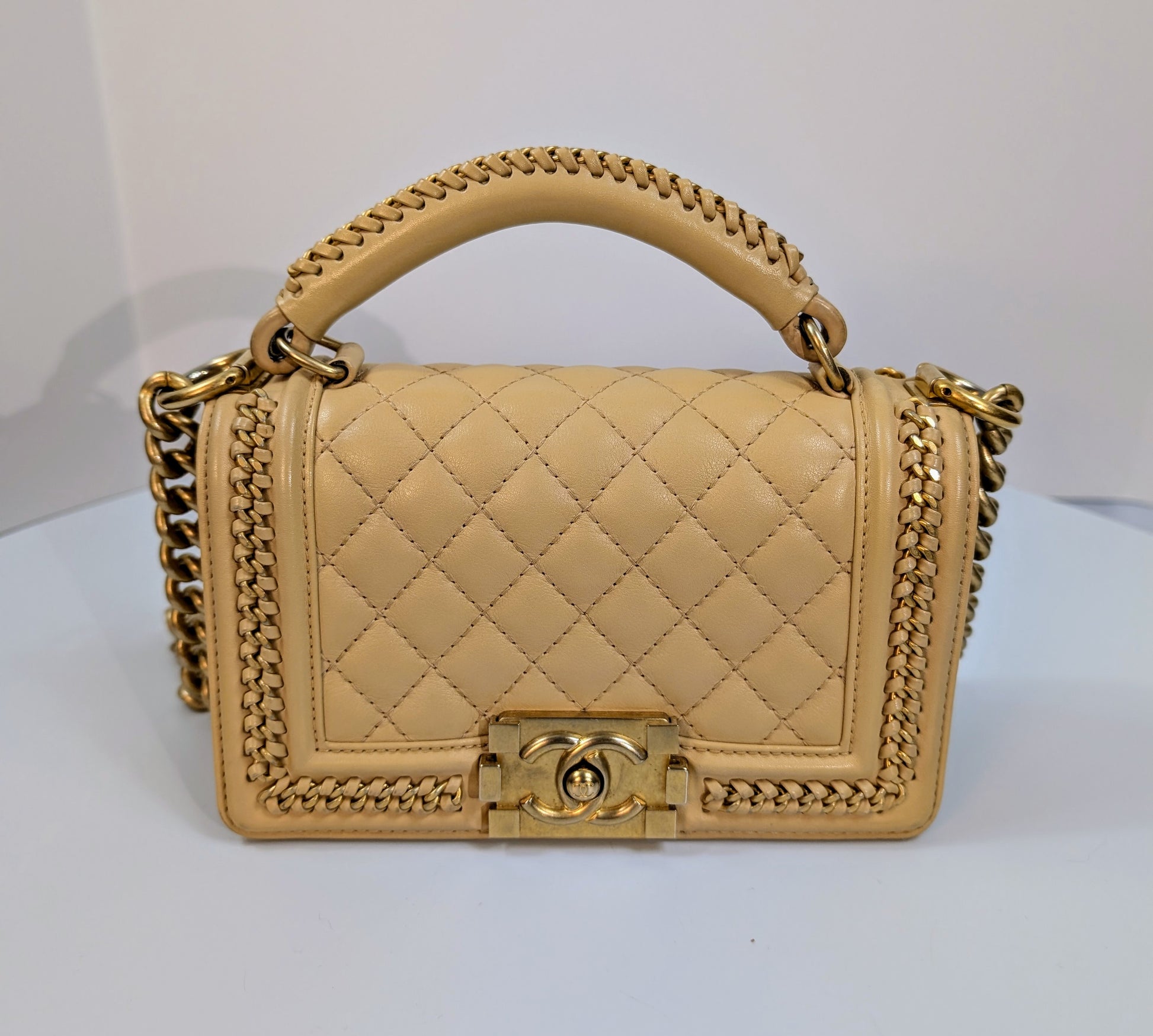 Chanel Beige Small Boy Top Handle Bag with Gold Hardware